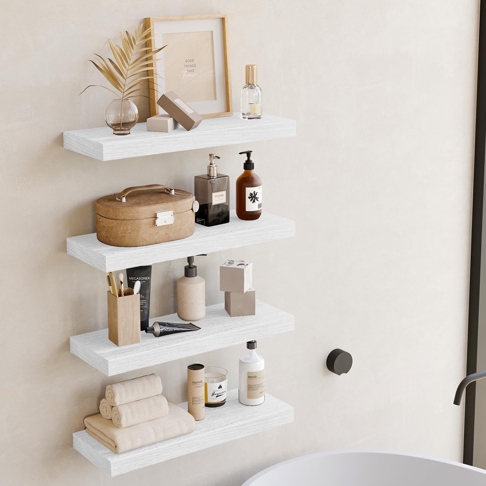 15.8in Rustic White Floating Wall Shelves, Set of 4 w/ Invisible Brackets