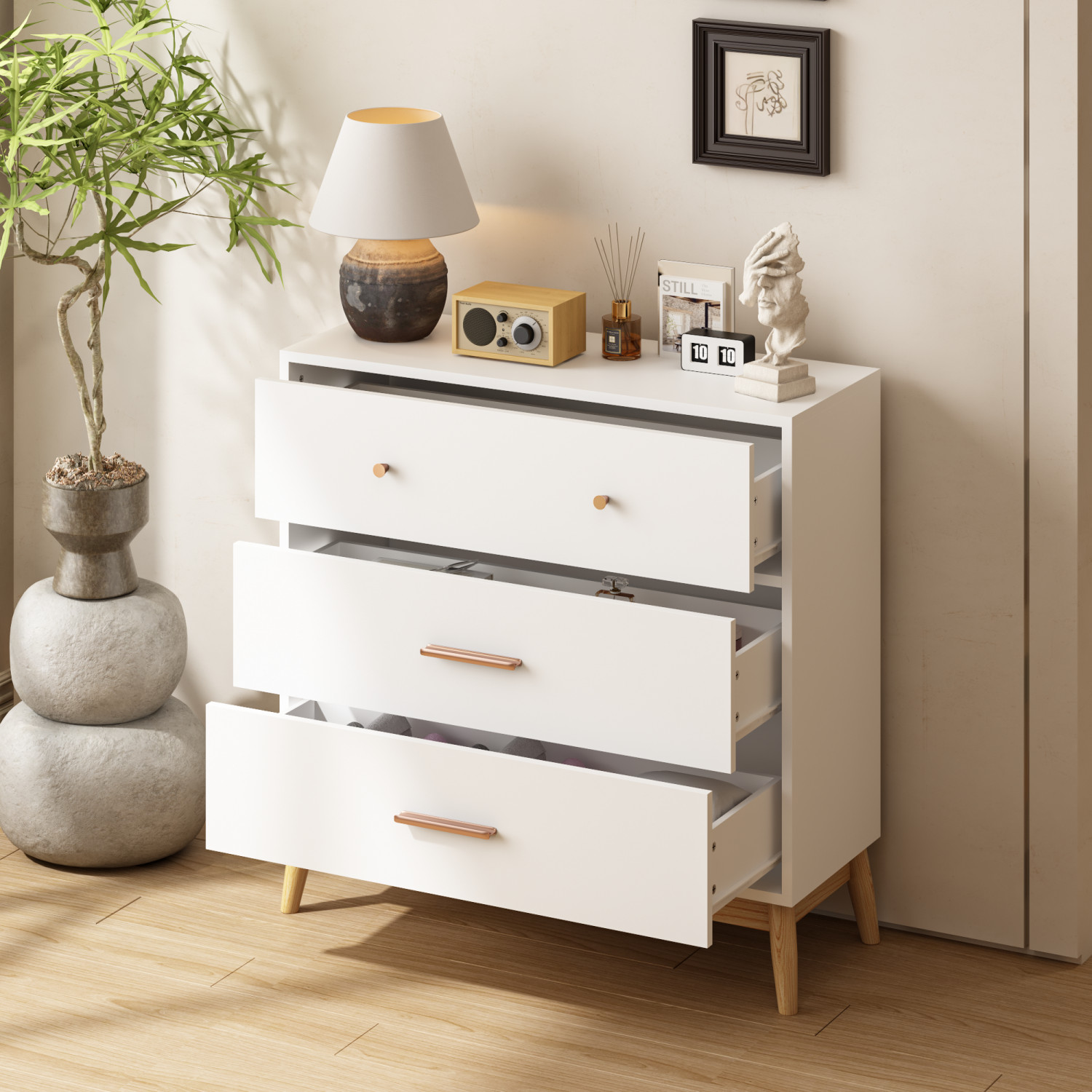 Small Space White 3-Drawer Wooden Dresser Cabinet w/ Solid Wood Base for Bedroom