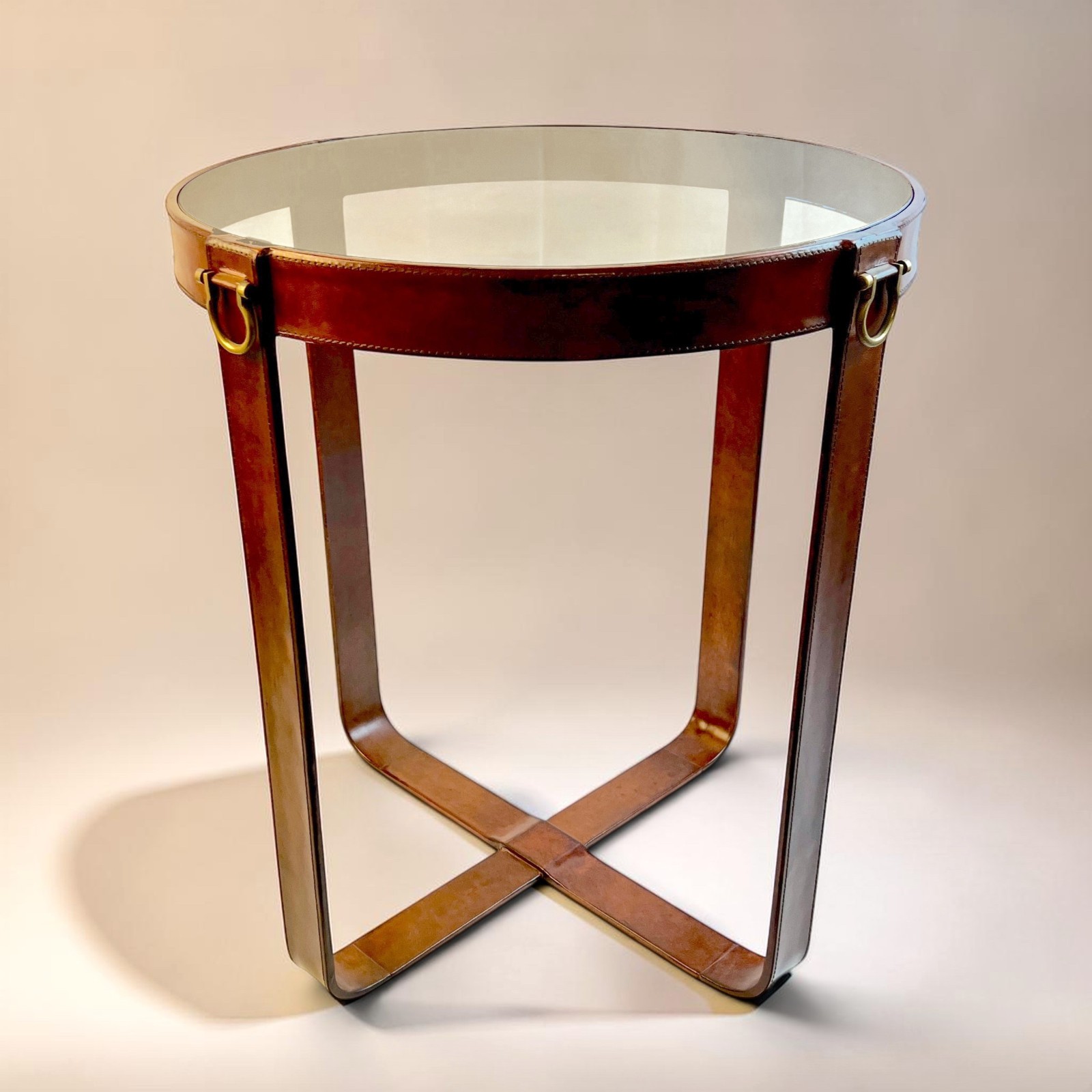 New Stitched Leather Table in the Style of Ralph Lauren and Jacques Adnet 23″