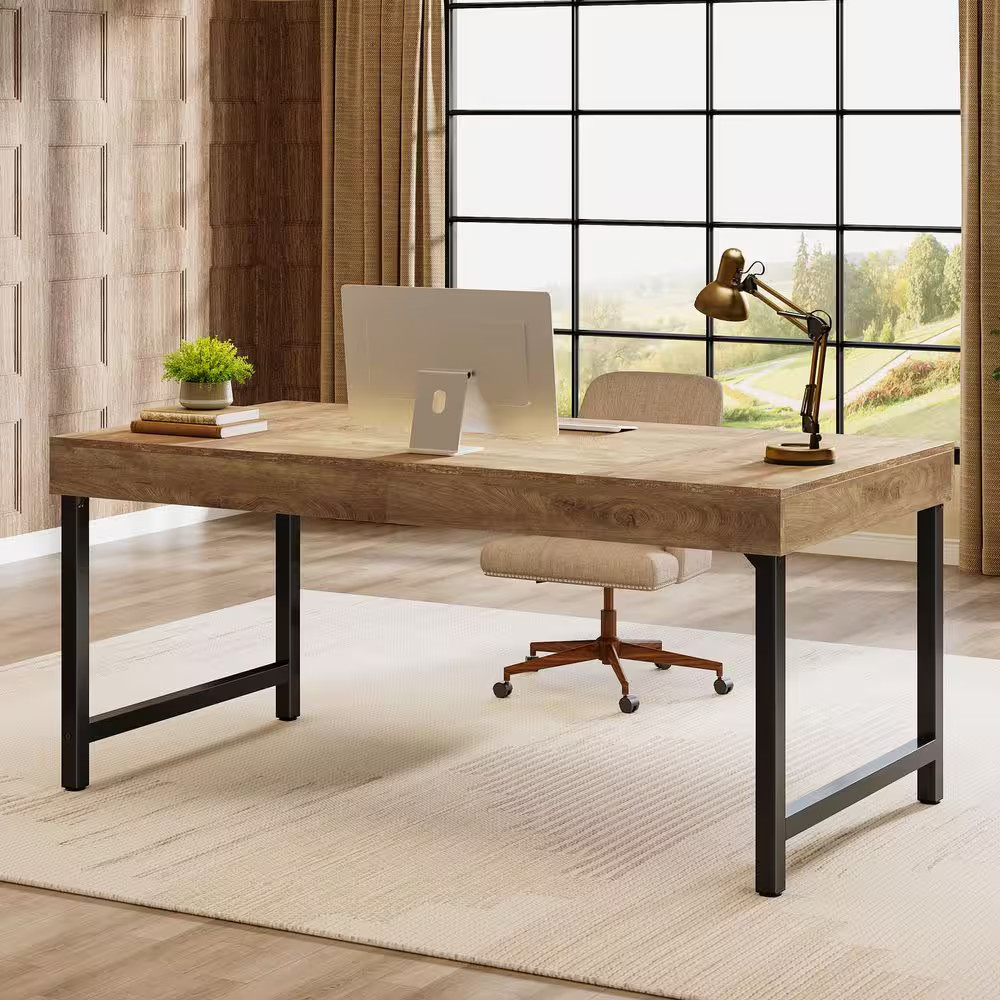 Capen 55 In. Rectangle Brown Engineered Wood Executive Desk with Sturdy Metal…