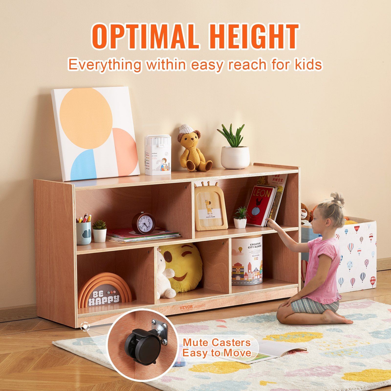 Functional 5-Bin Cubby Cabinet 2 Levels Non-Toxic Coating Natural Wood