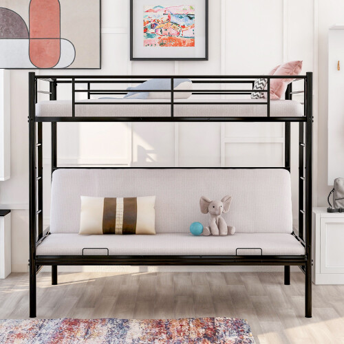 Twin Over Full Metal Bunk Beds Futon Frame Metal Sofa Bed For Kids Adults Black