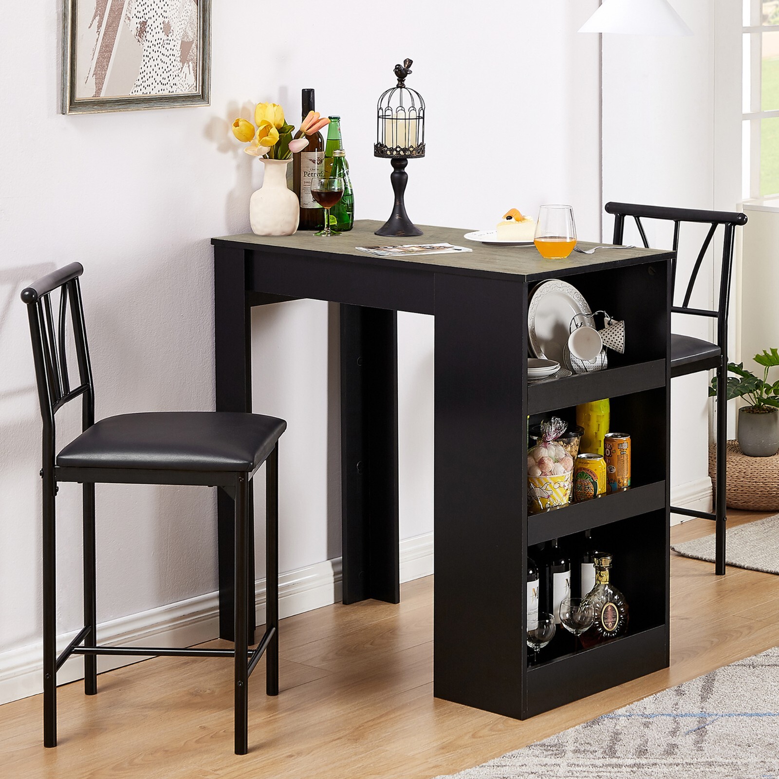 Bar Table Set 2 Chairs Dining Table Counter Height Stool with Storage Shelves