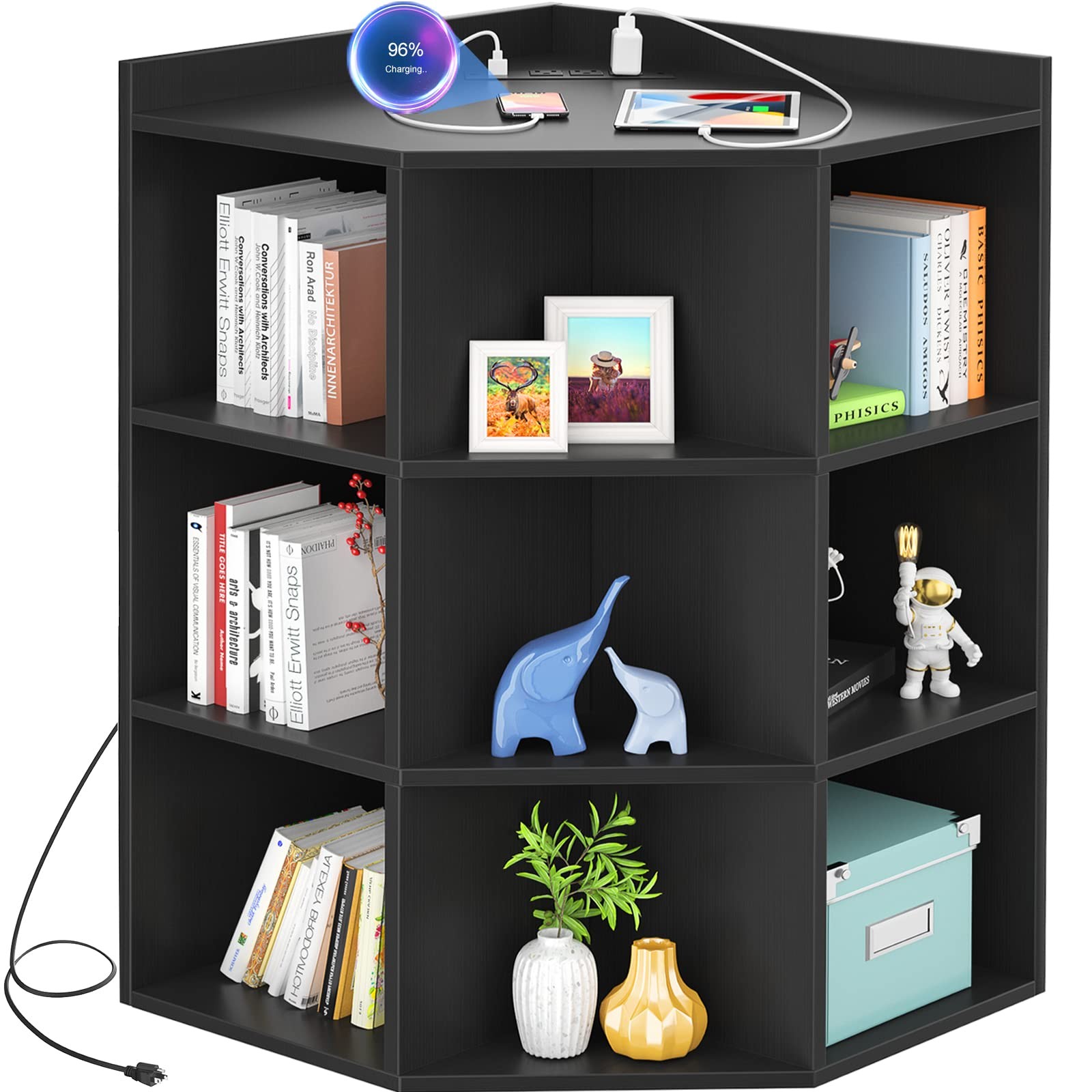 Corner Cabinet, Black Corner Storage with USB Ports and Outlets, Corner Cube …