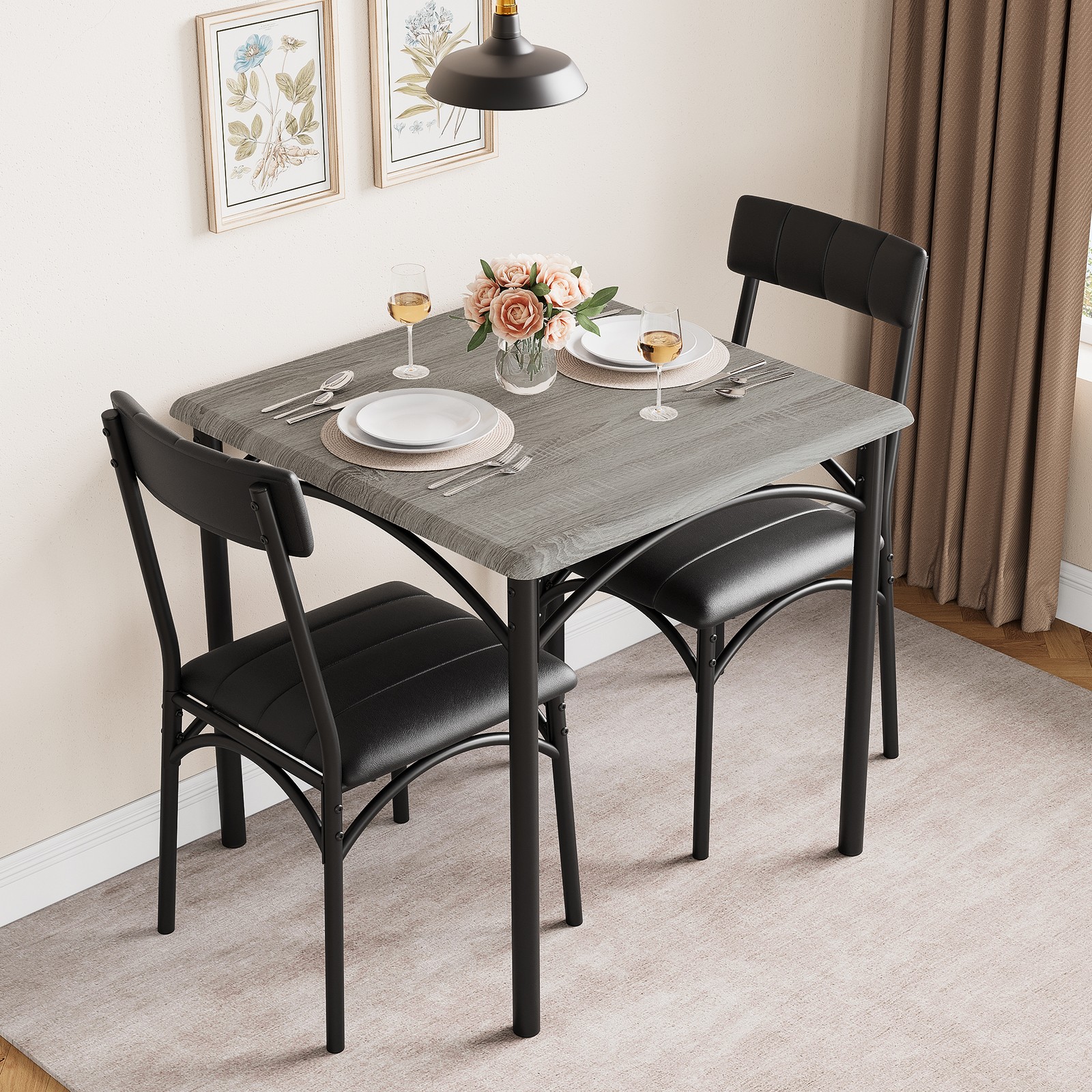 Space-Saving Dining Table and Chairs Set, Small Apartment Kitchen Furniture 3PCS