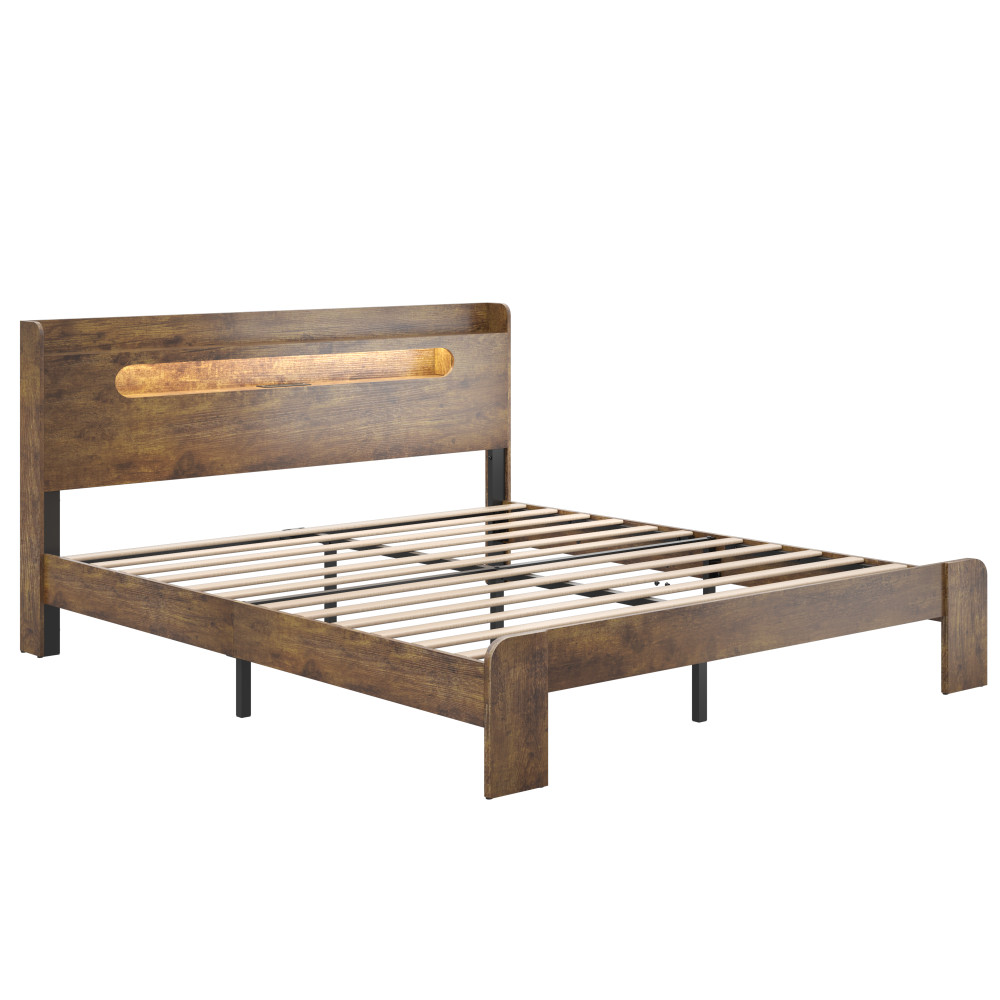 King Size Bed Frame Wood Platform with LED Light Storage Headboard and USB Brown