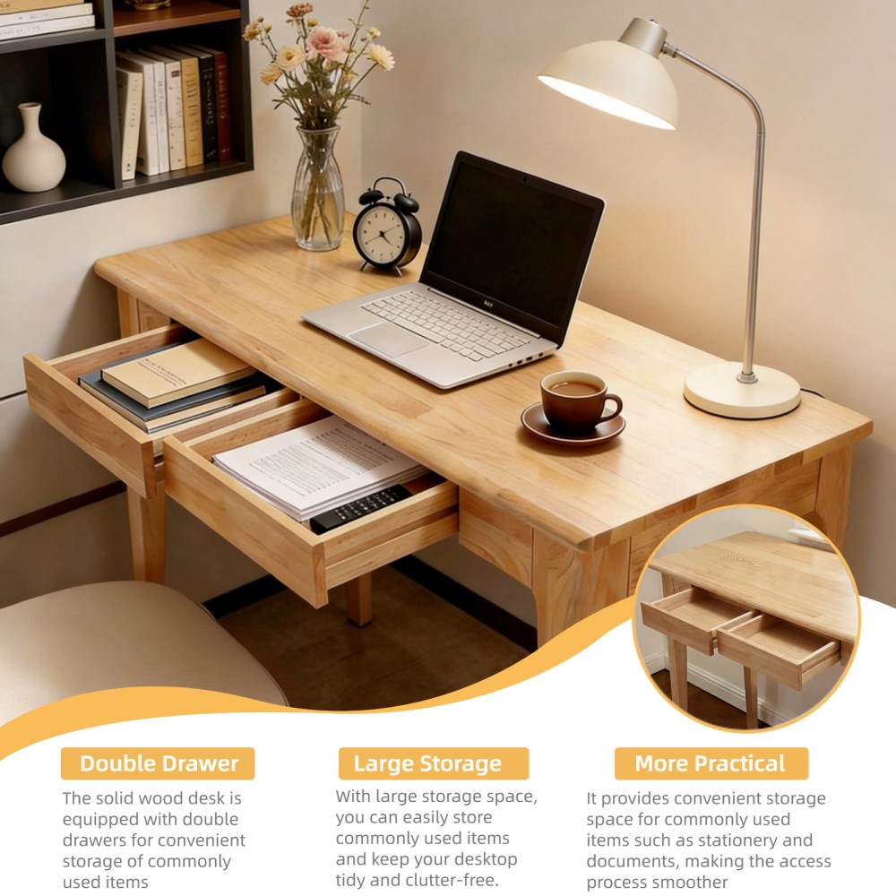 Solid Wood Desk with Drawers, Standing Desk with Smooth Edges, Home Office Desk