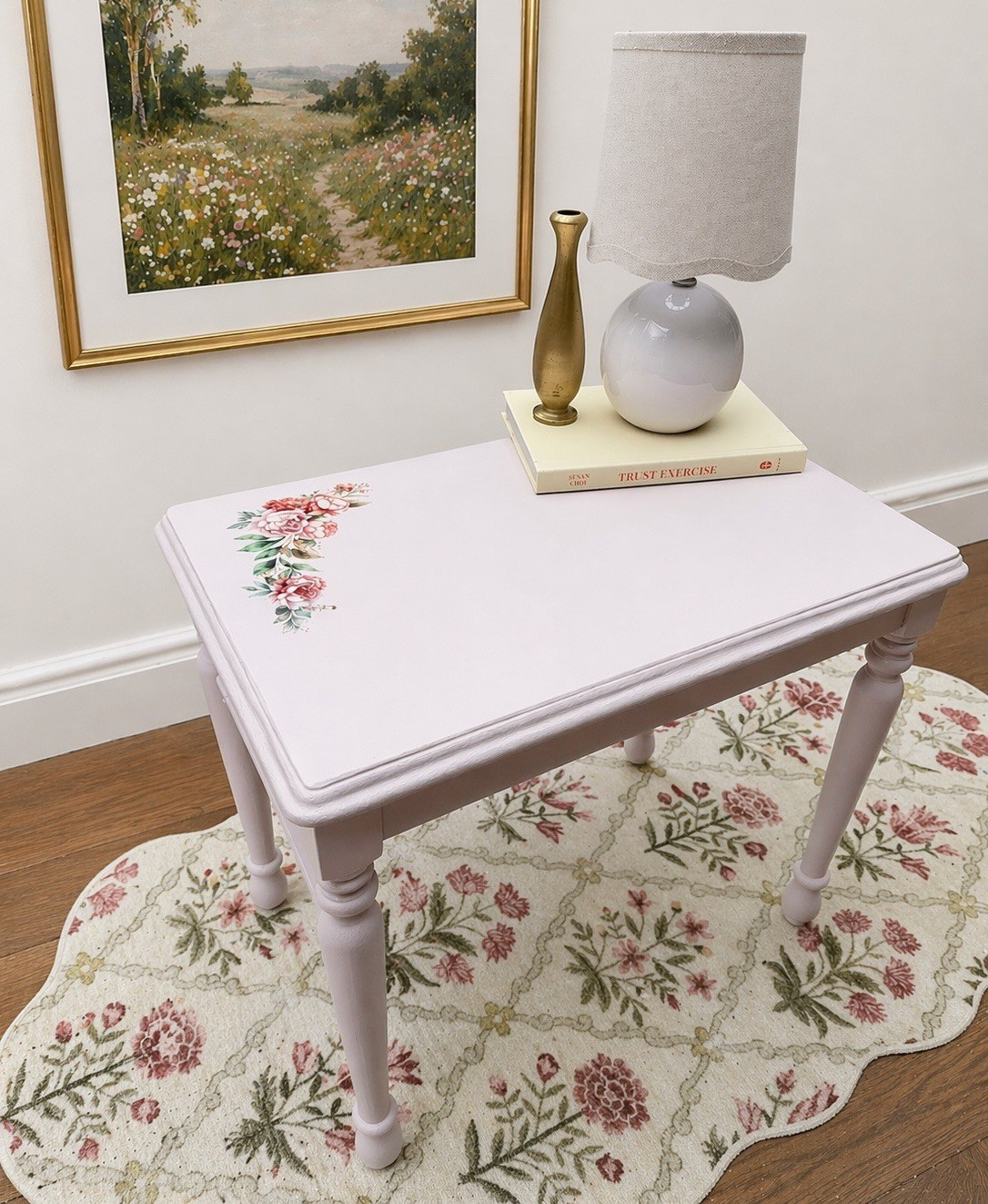 Pink Floral Wood Rectangular Side Table Indoor 22 x 14.5 x 18.5 in