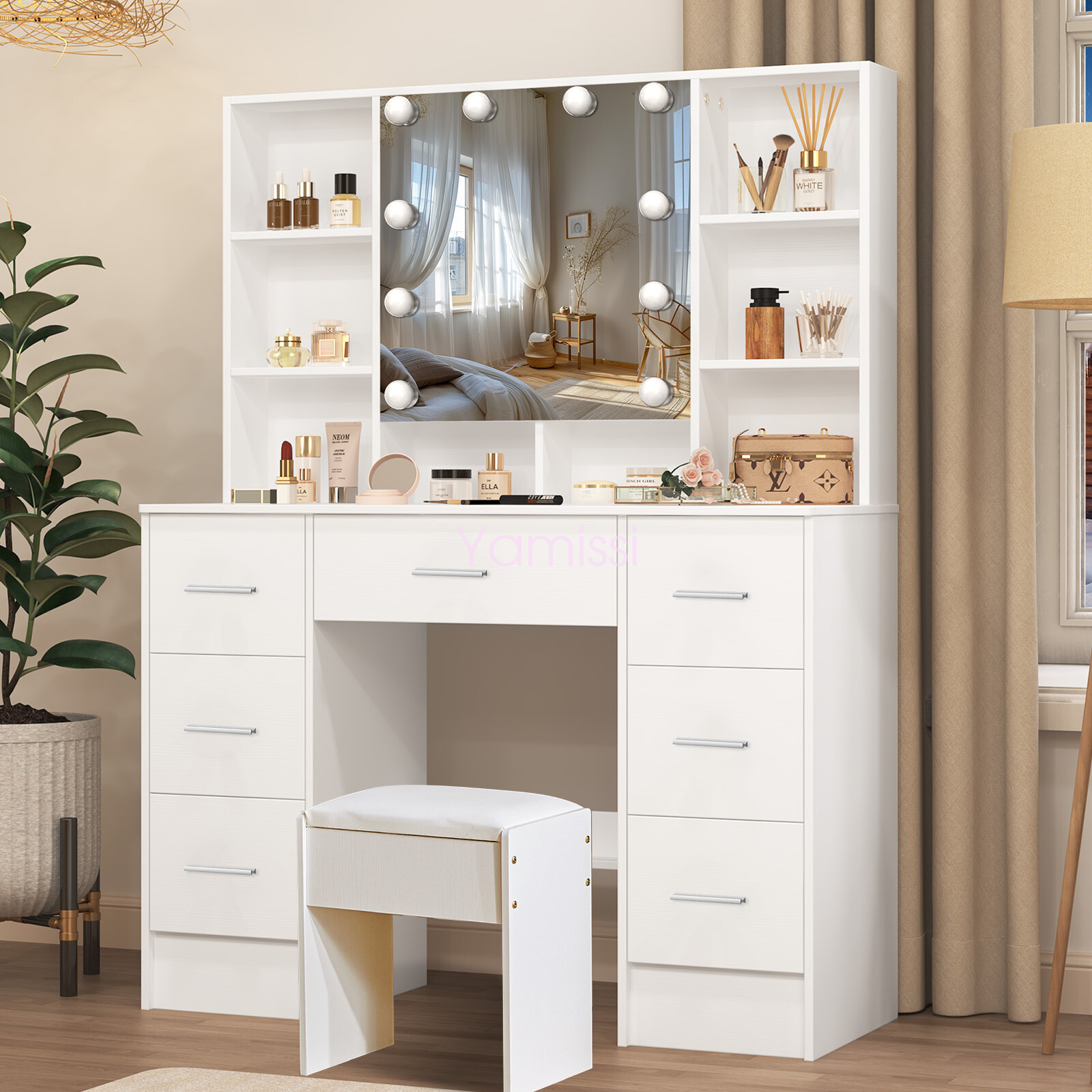Makeup Vanity Desk with Mirror and Lights in 3 Colors, Vanity Table & 7Drawers