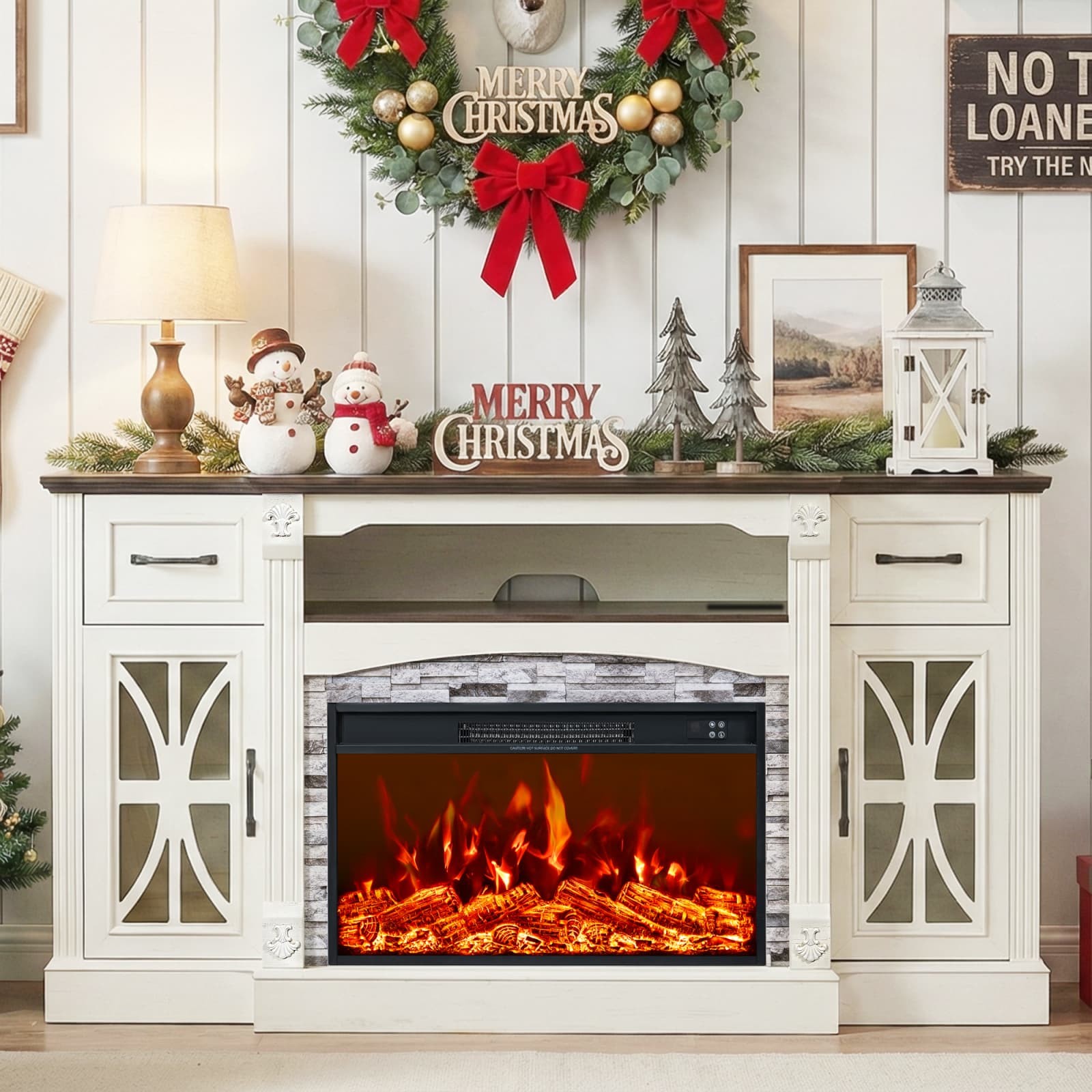 70” White Electric Fireplace TV Stand Glass Door Storage Cabinet for 65–75” TV