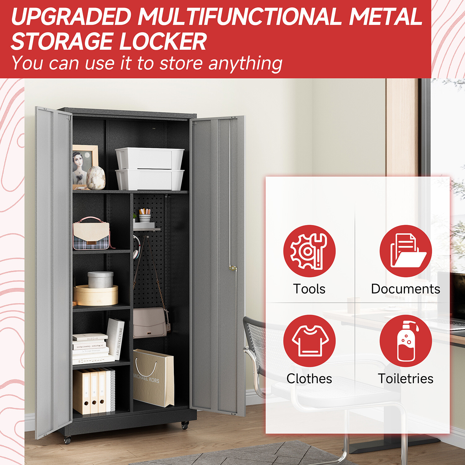 Metal Garage Cabinet, Broom Closet Storage Cabinet with Adjustable Shelves