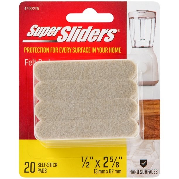 Super Sliders 1/2 x 2-5/8″ Rectangle Self Stick Felt Furniture Pads Beige, 20 Pk