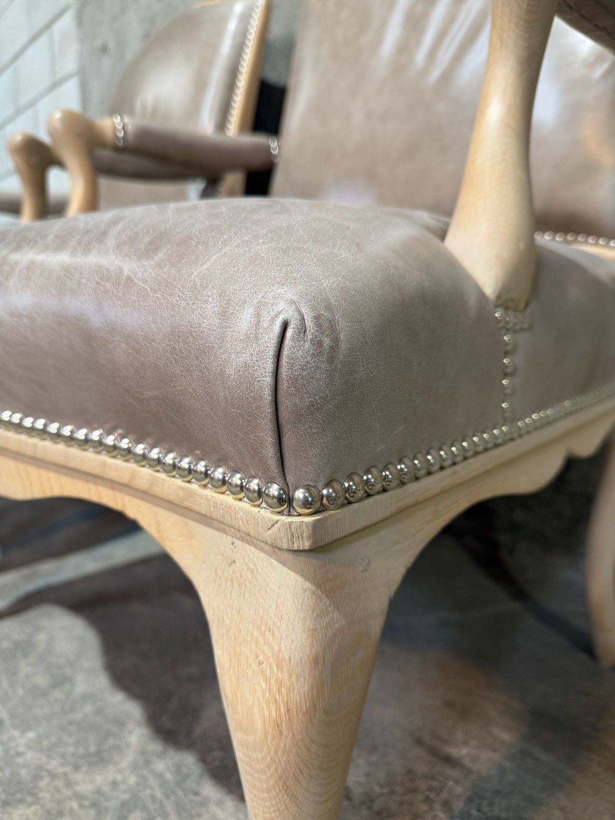 1970 Michael Taylor Louis XV–Style Bergère Chair Gray Leather Nailhead Restored