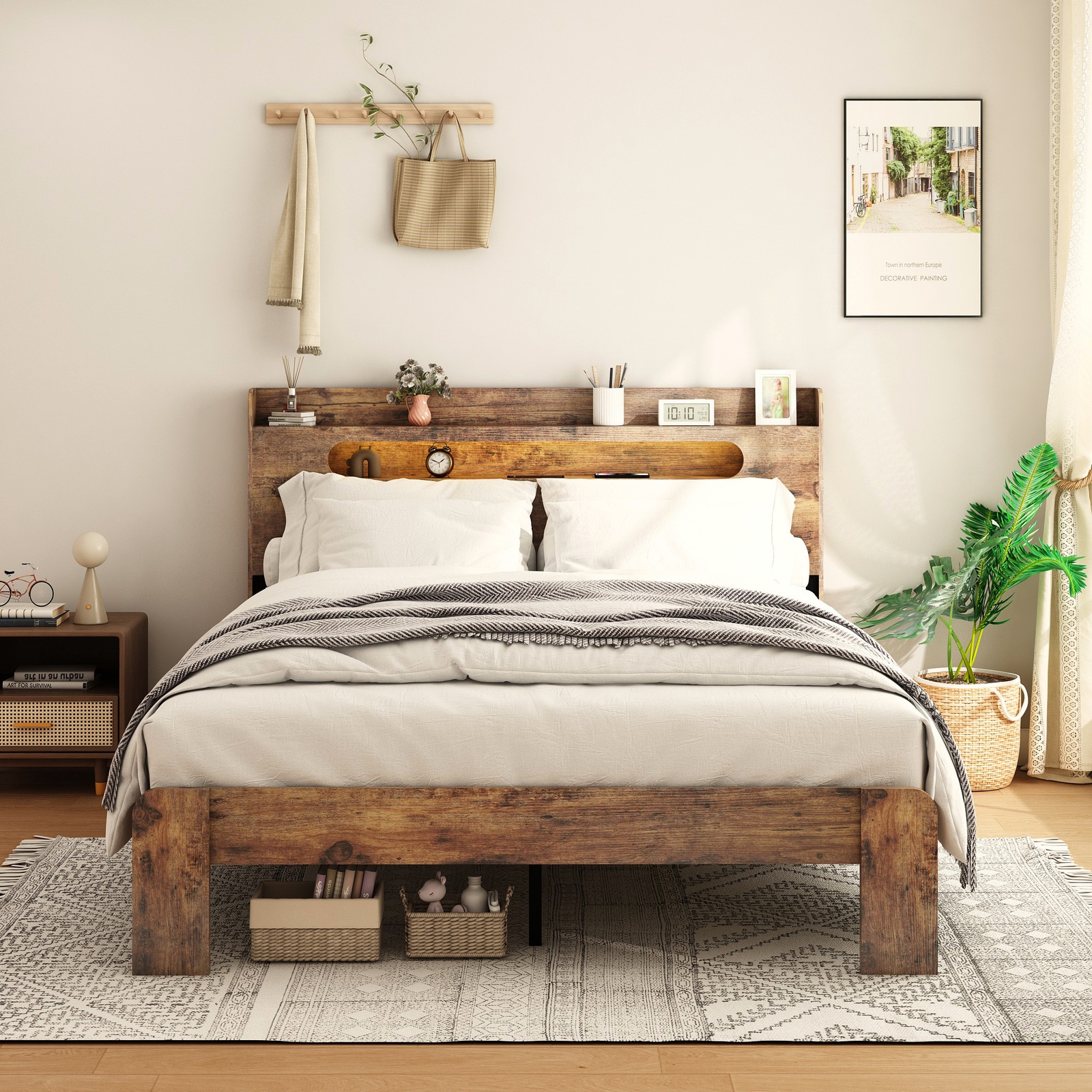Full Size Bed Frame Wood Platform with LED Light Storage Headboard and USB Brown