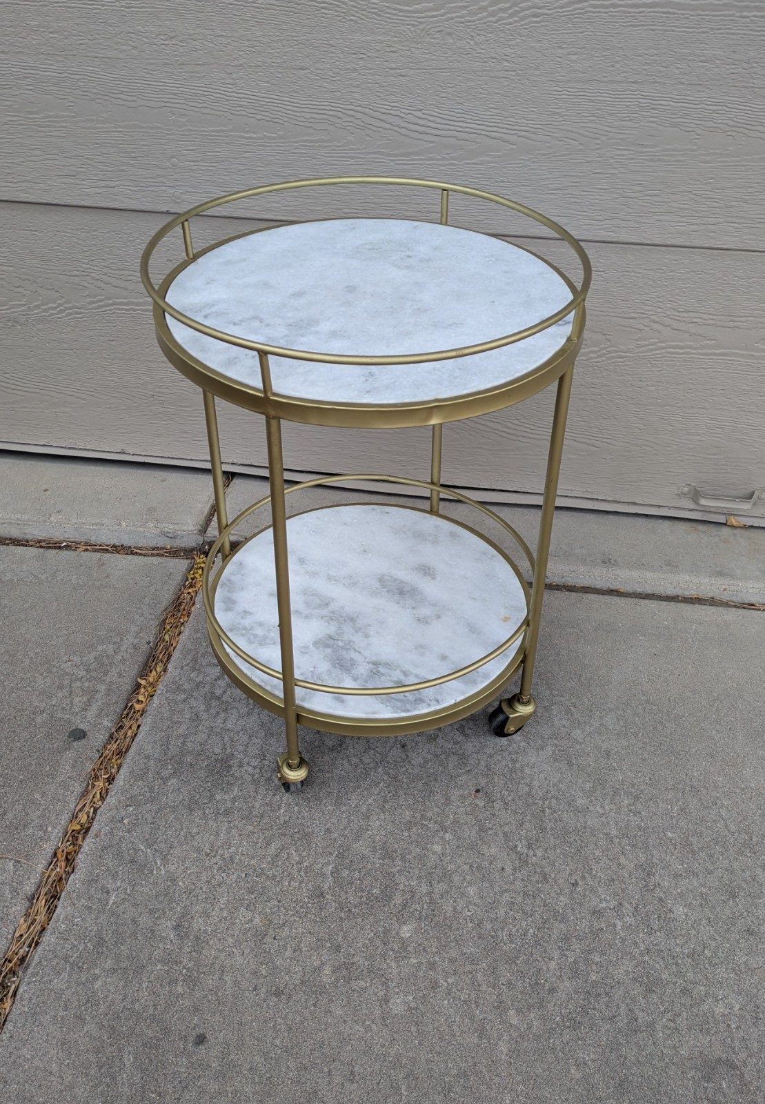 Round Gold Metal White Marble Top 2-Tier Rolling Bar Serving Cart Table MCM T52