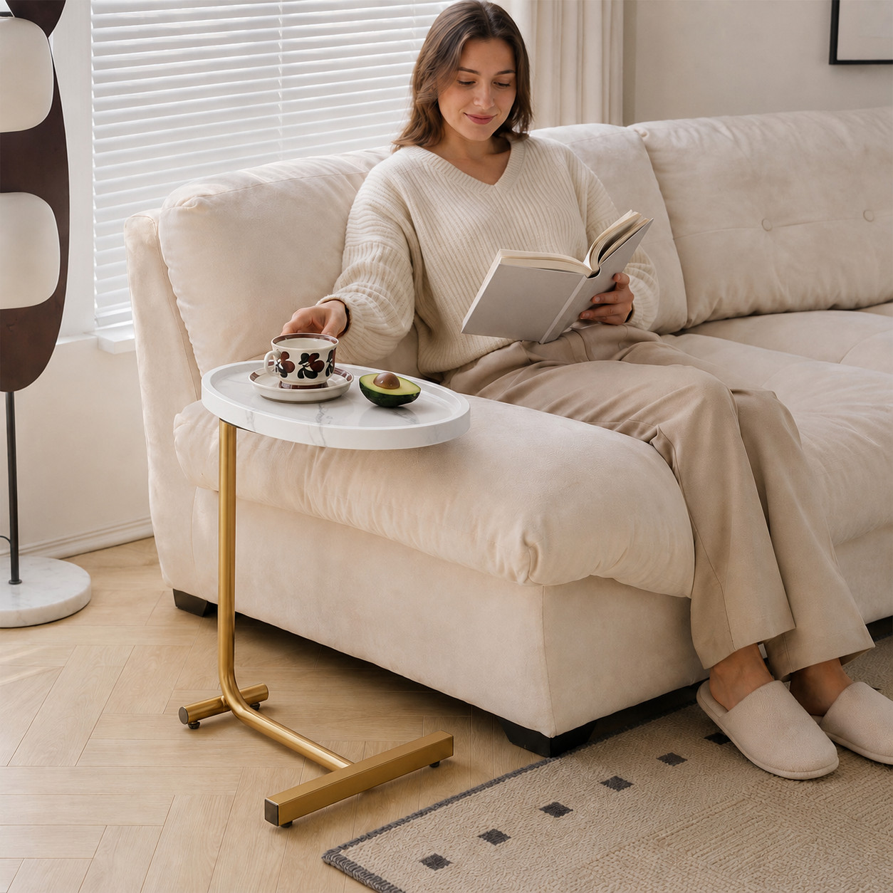 White C Shaped Side Table Oval Couch End Table Slide Under Sofa Bed Living Room