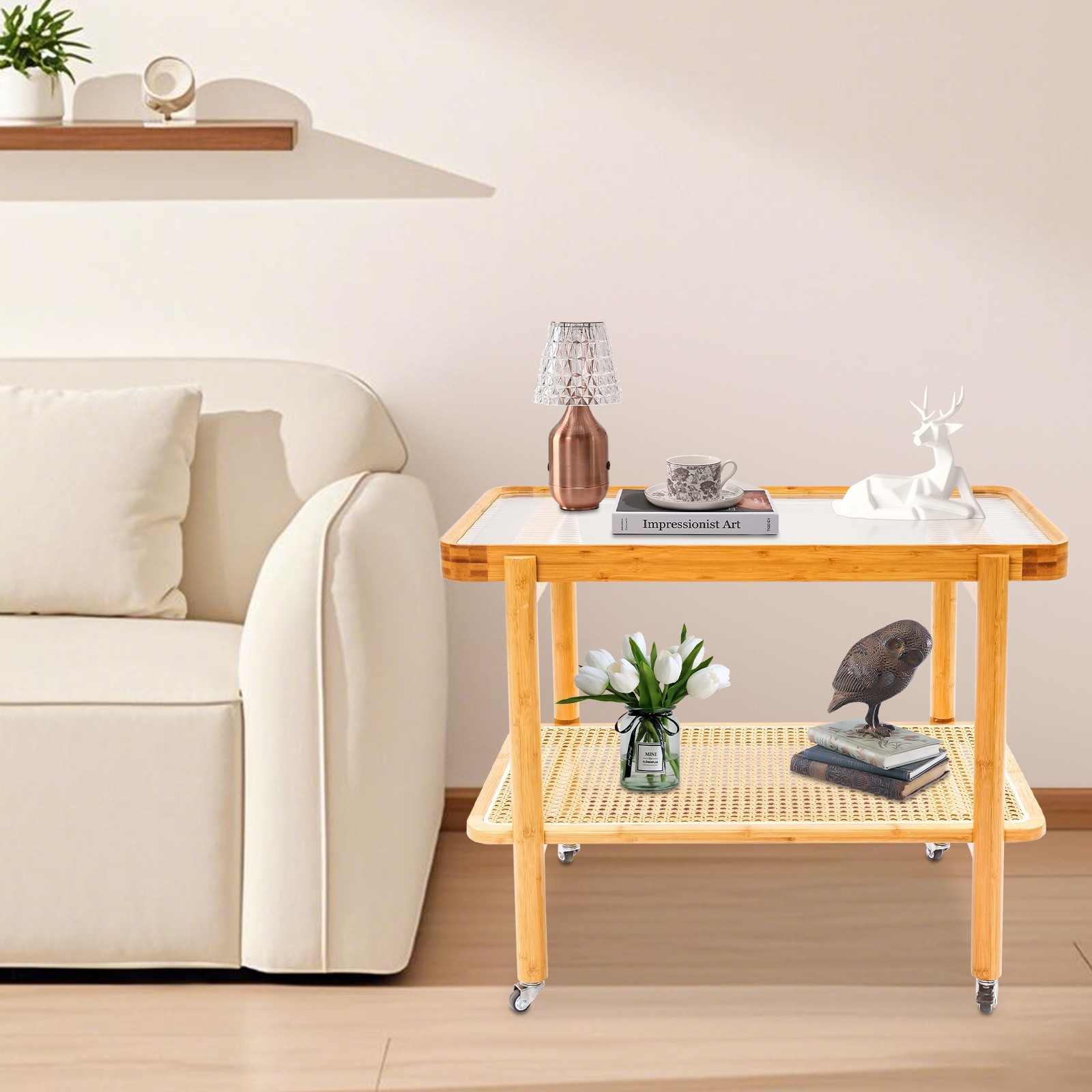 Tempered Glass, Resin, Bamboo Coffee Table with Wheels, 2 Shelves Sofa Table