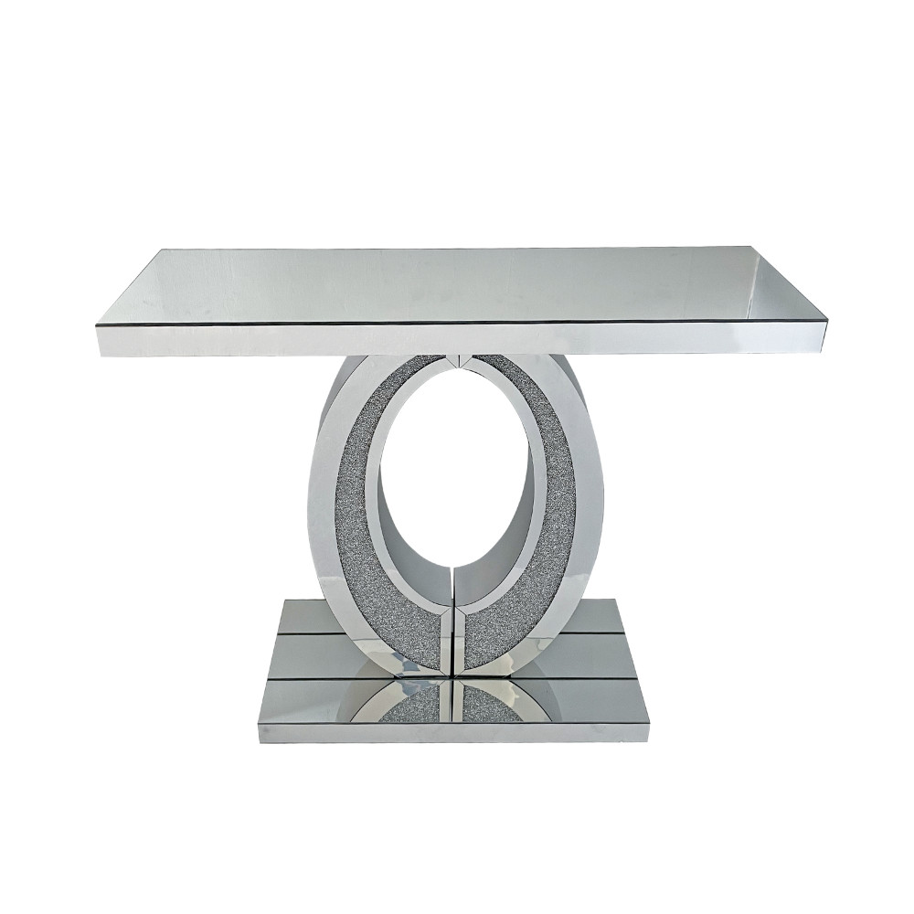Mirrored Console Table, Crushed Diamond Design Silver for Living Room