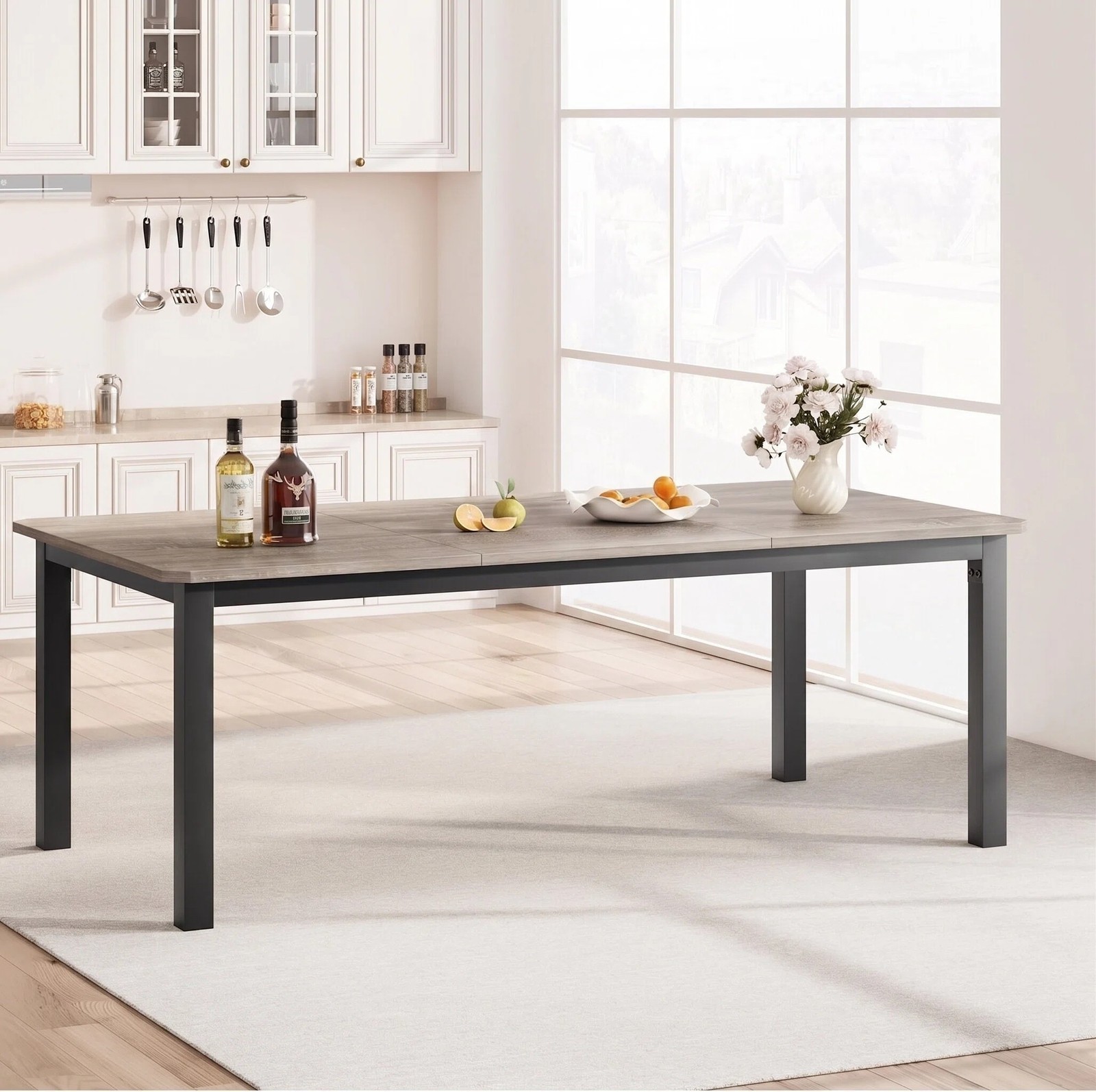 Rectangle Dining Table for 6-8 People Industrial Wooden Dinner Table Light Grey