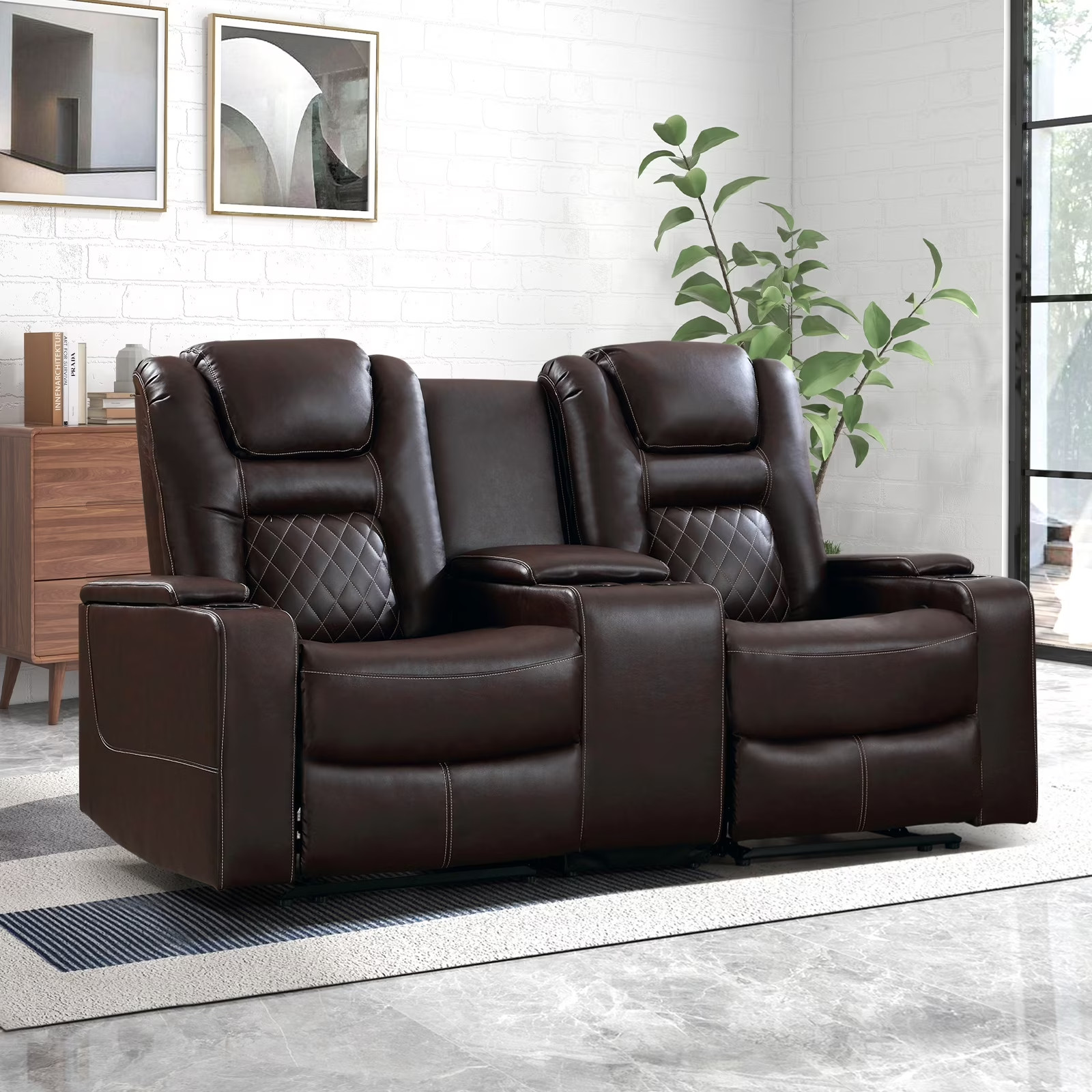 Canmov Power Recliner Chair, Faux Leather Loveseat with Console and Cup Holders