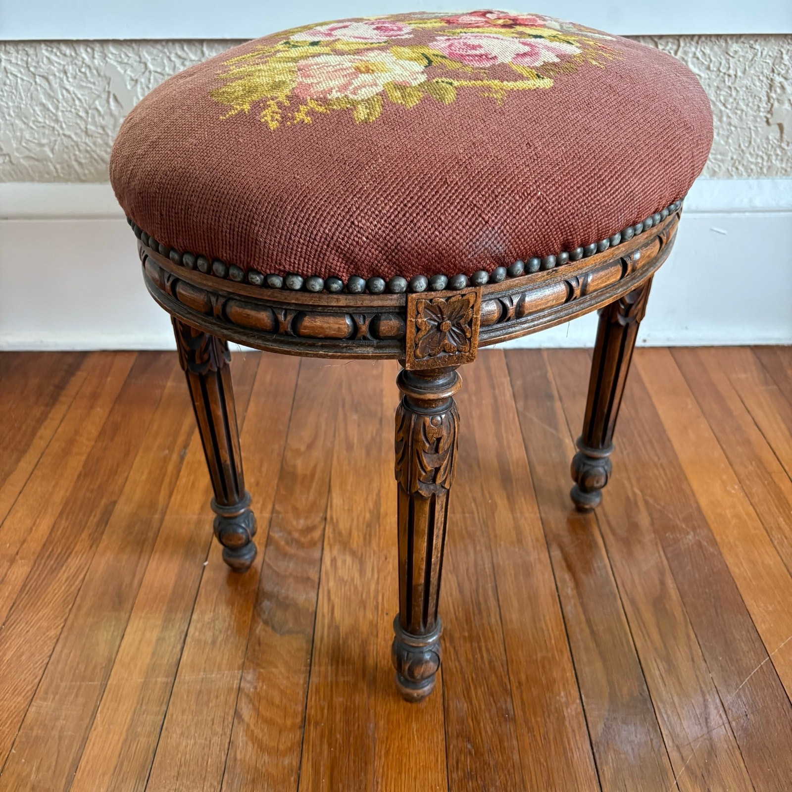 Vintage Louis XVI Style Needlepoint Footstool with Carved Wood Frame