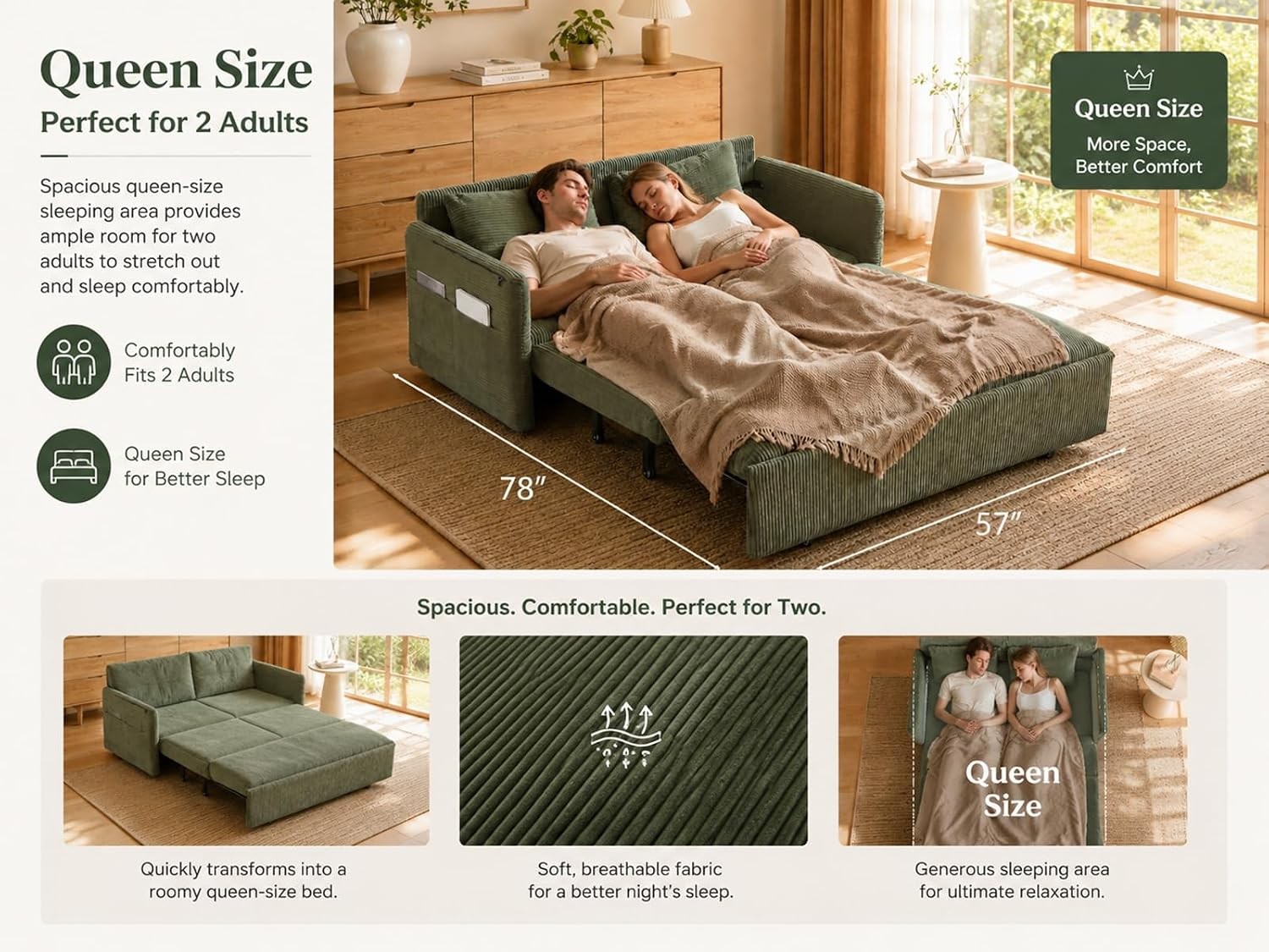 65″ 3-in-1 Corduroy Convertible Sleeper Sofa Bed Queen Size Pull Out Loveseat