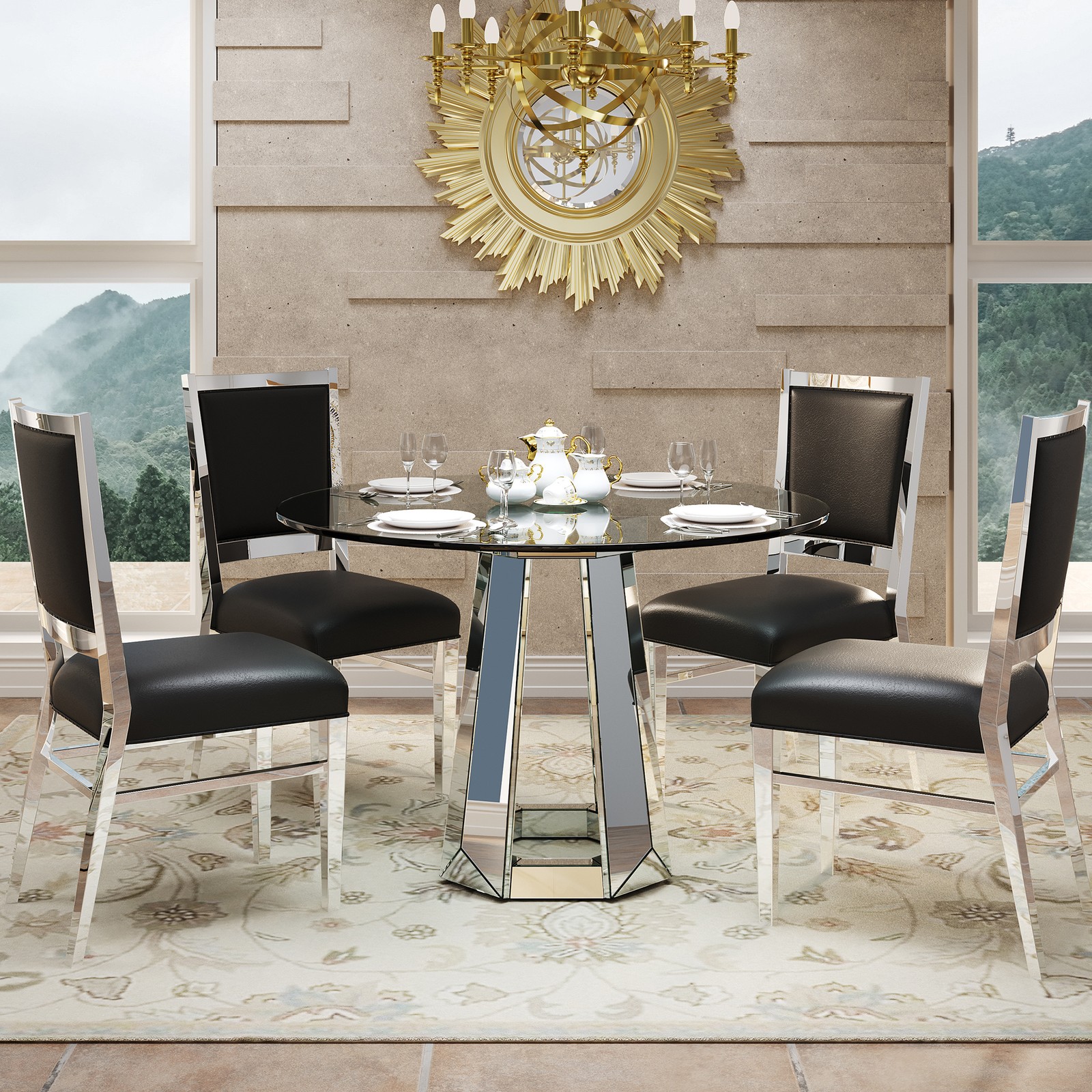 Modern Round Tempered Glass Dining Table with Mirror Base
