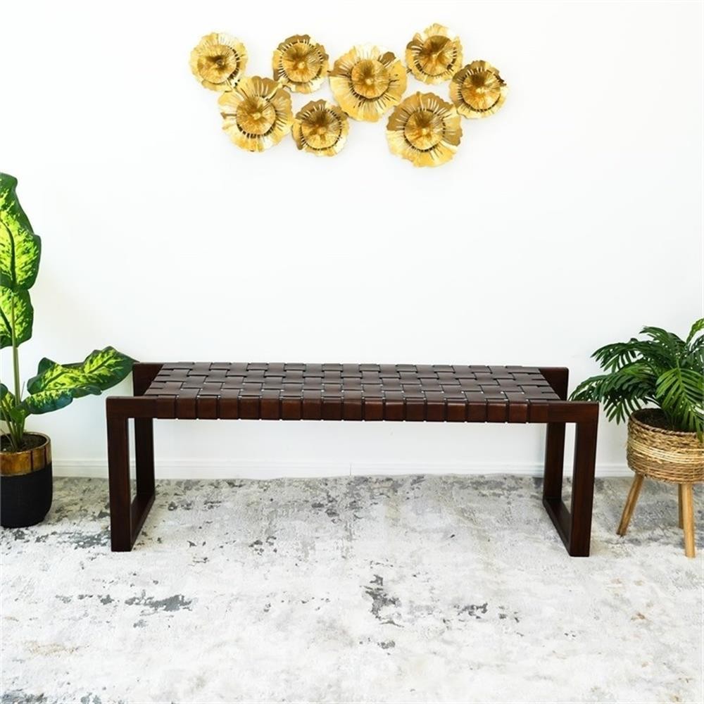 Pemberly Row Mid-Century Rectangular Genuine Leather Upholstered Bench in Cognac
