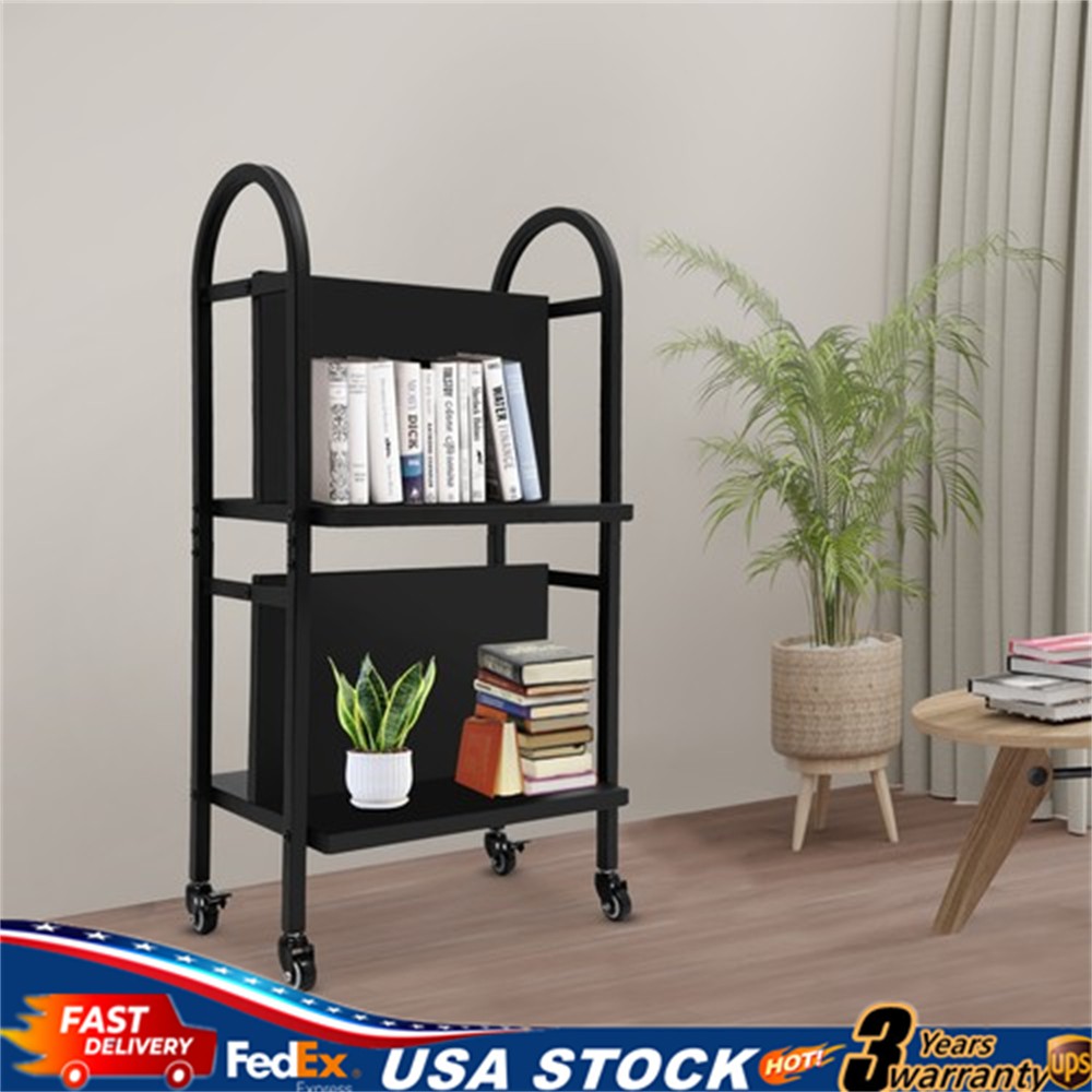 2 Tier Rolling Storage Cart Library Book Cart Office Moveable Shlef w/ 4 Wheels