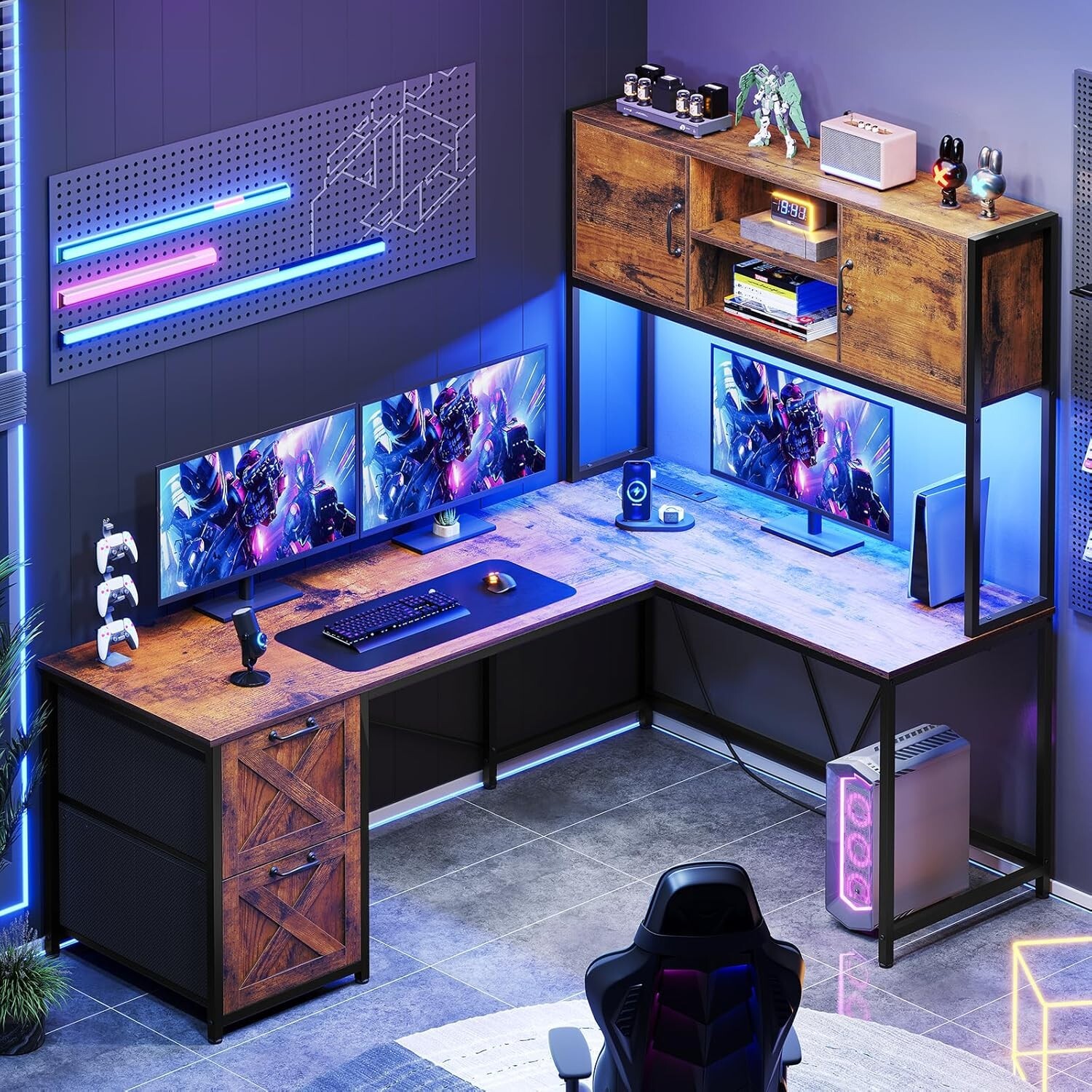 L Shaped Computer Desk with LED Light, Farmhouse Home Office Desk with 2 Drawers