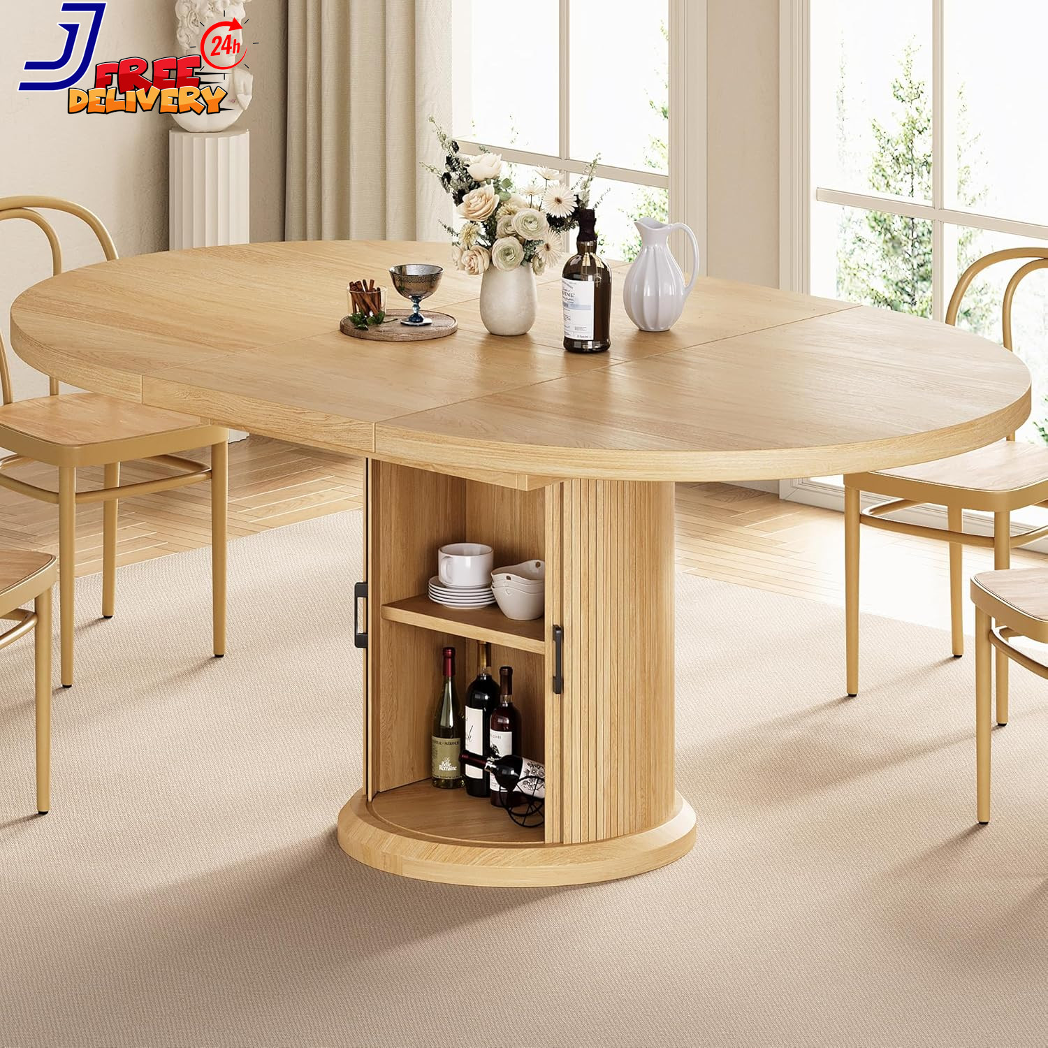 Extendable Round Dining Table for 4-8 with Storage Shelf Natural Wood Finish