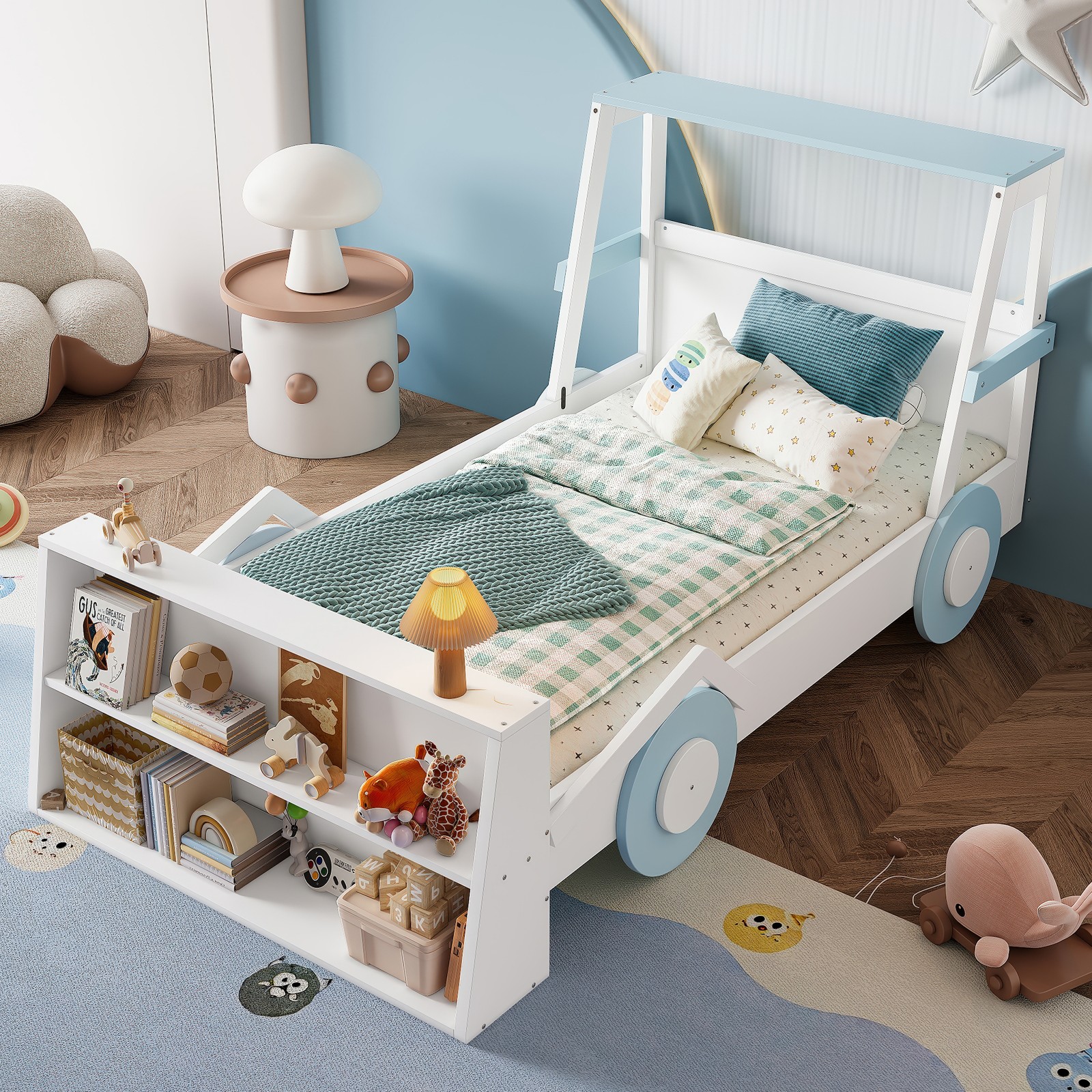 Twin Size Car Bed with Storage Shelves, Blue & White Platform