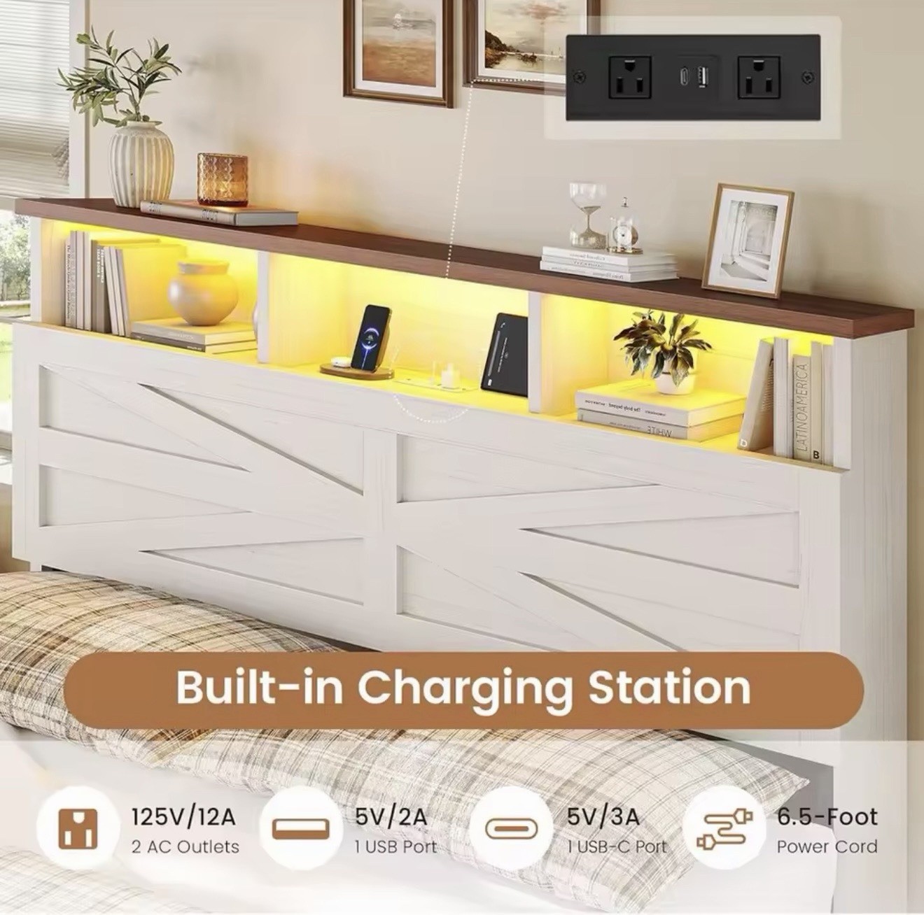 Queen Storage Bed Frame w/ LED Headboard, AC+USB, 6 Drawers (White)