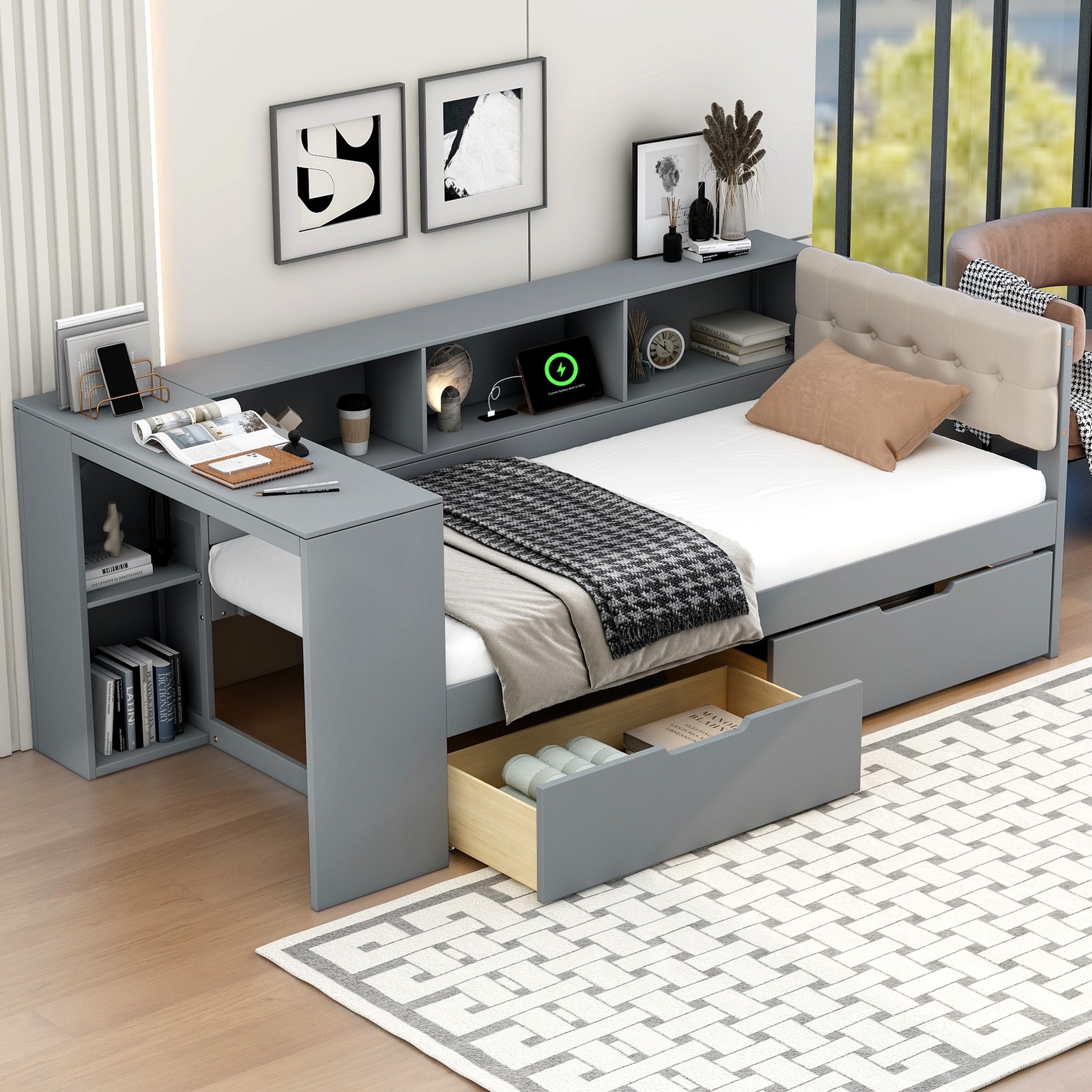 Wood Twin Size Platform Bed with Storage Shelves, Drawers, Charging Station an