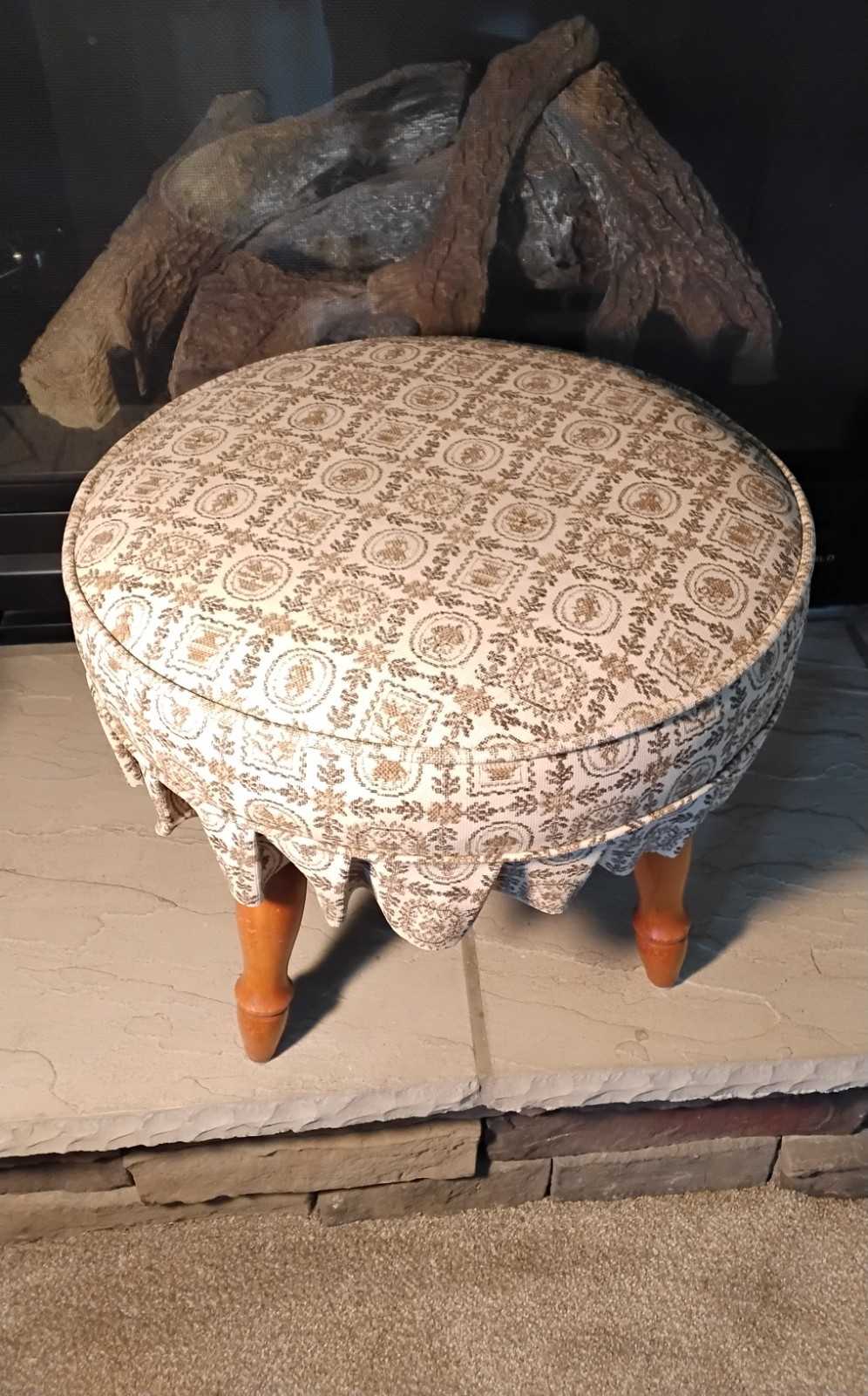 Vintage Retro Fabric Round Footstool Ottoman w Wood Legs, Vinyl Fabric Skirt