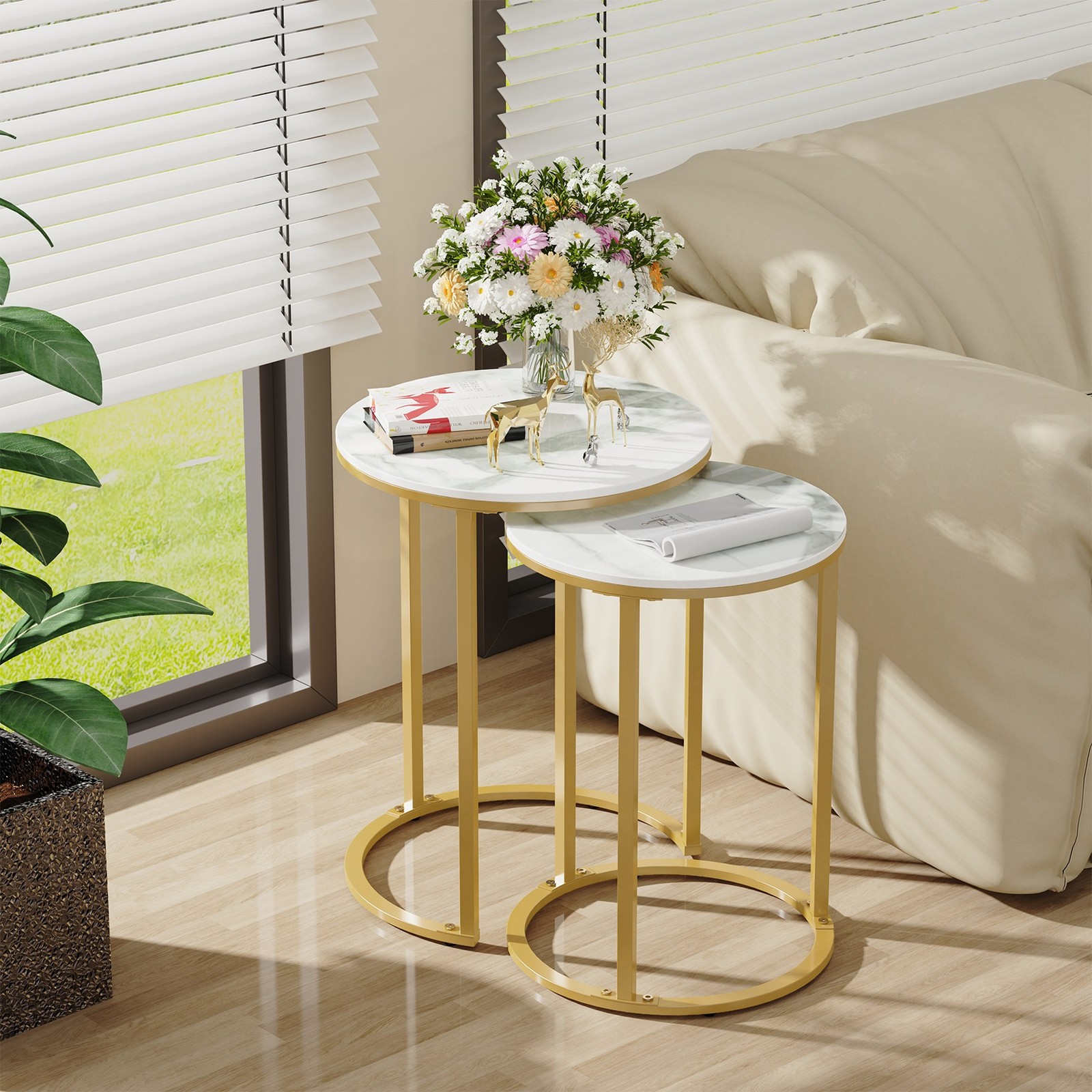 Set of 2 Round Nesting Side End Tables w/White Sintered Stone Top & Golden Metal