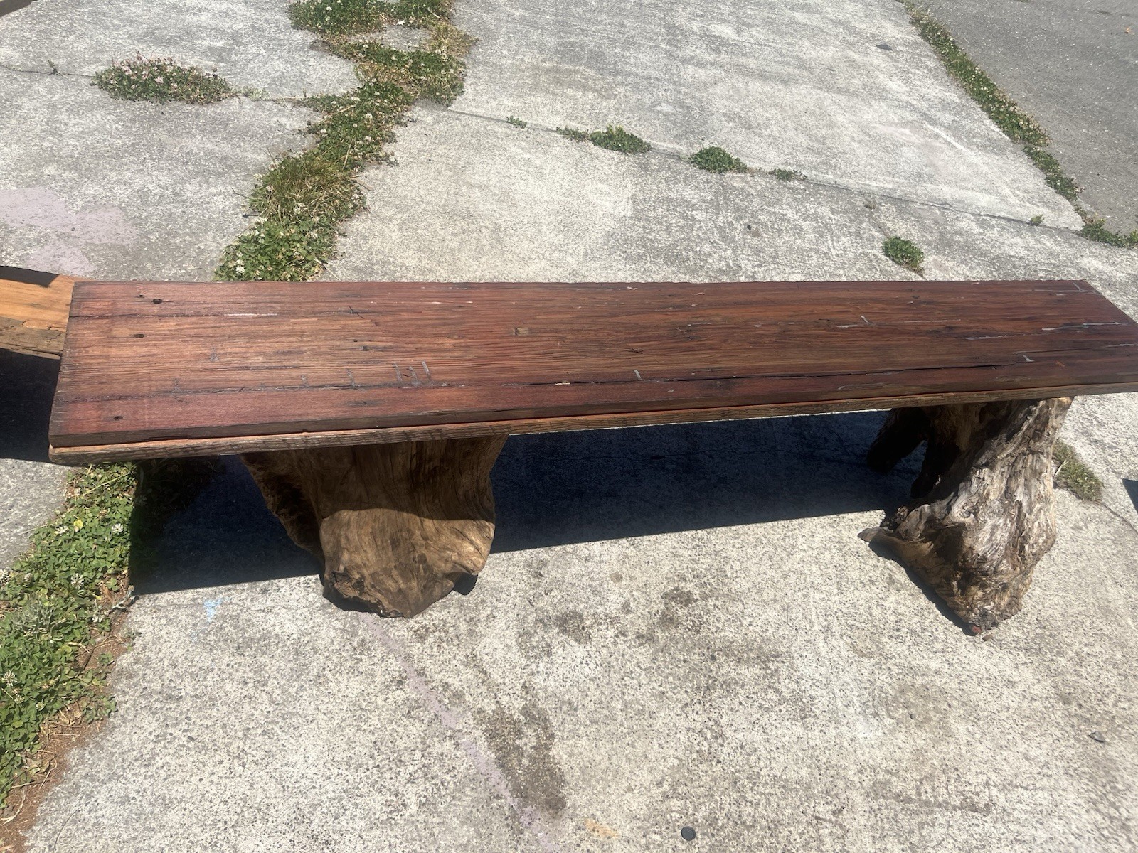 Live Edge Wood Bench w/ Stump Base, Brown Medium Tone, 50x30x20 in