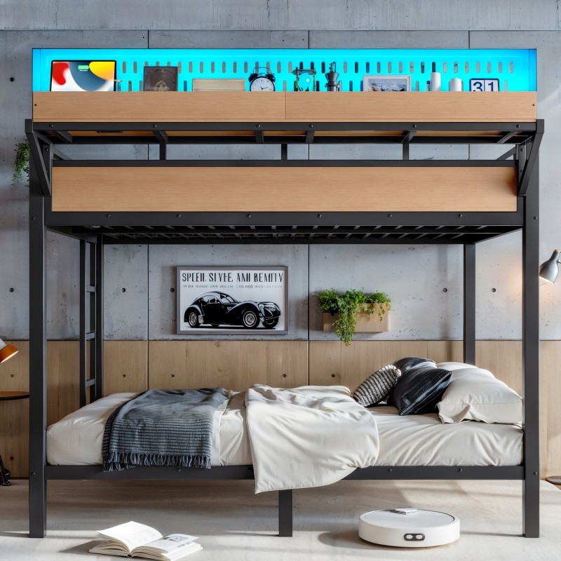 Queen over Queen Metal Bunk Bed with Storage Shelves Pegboard LED Light Natural