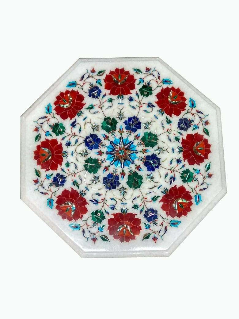 15″ Marble Table top Semi Precious Stones floral Inlay Handicraft Work
