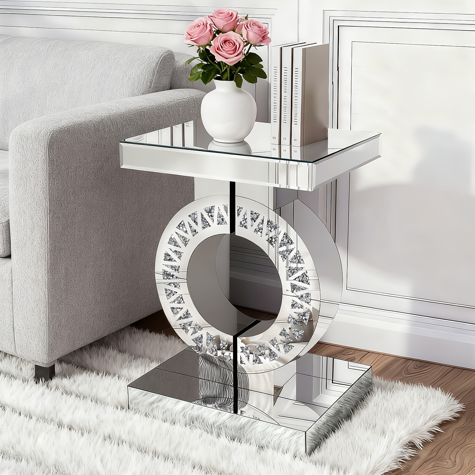 22.4″ Circular diamond inlaid mirror edge table and bedside table