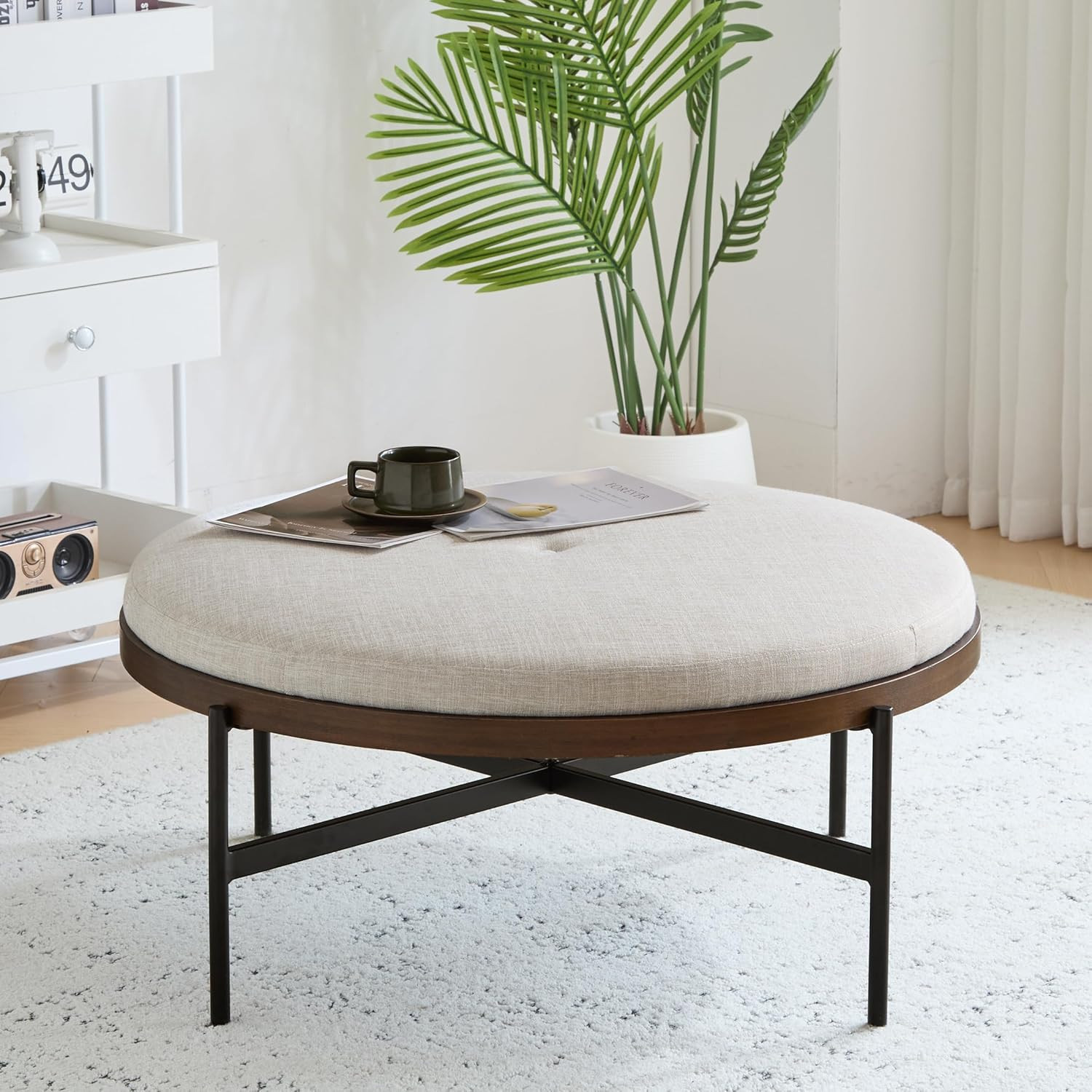 Beige & Black Neapo Round Ottoman – Stylish Cocktail Table & Footstool