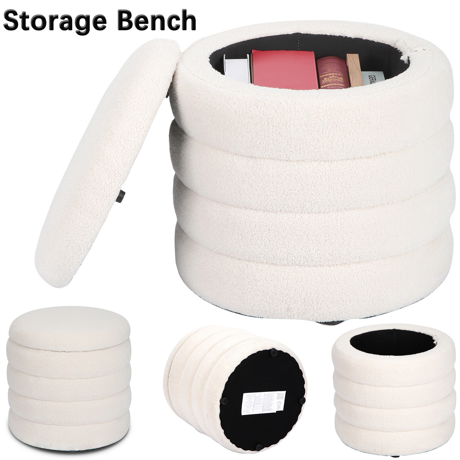 18” Modern Teddy flannel Padded Stool Seat Round Ottoman Storage Box Footstool