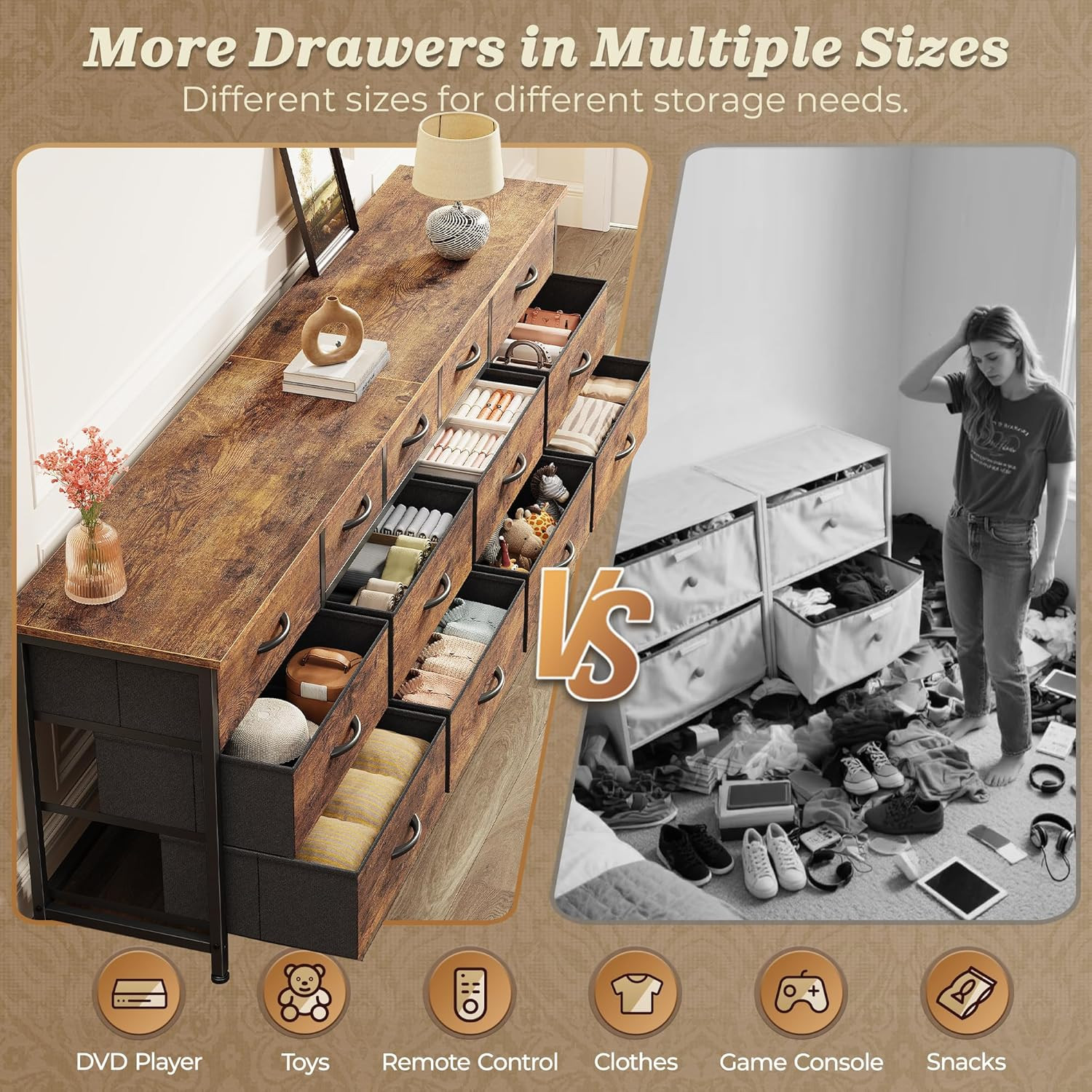 70 Inch Dresser for Bedroom, TV Stand for 65, 75, 80 Inch TV, 13 Fabric Drawer L
