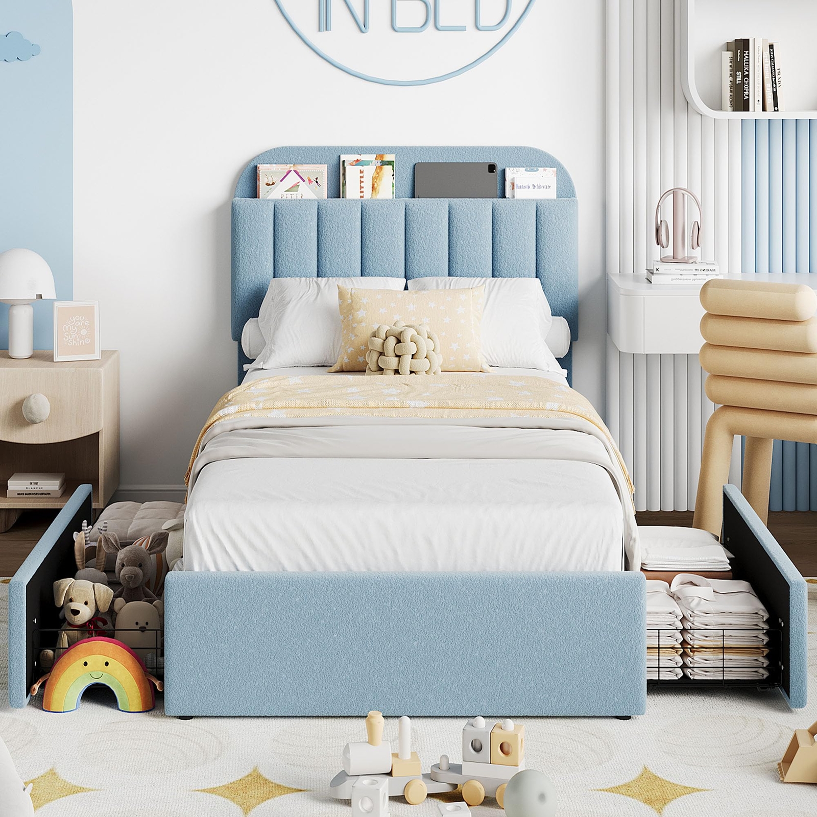 Twin Size Bed Frame with 2 Storage Drawers Upholstered Headboard Metal Platform