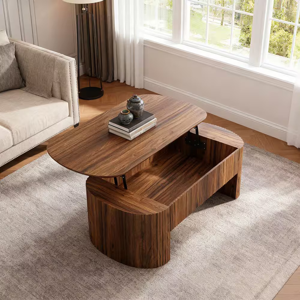 47.24″ In. L X 23.62″ In. D Brown Oval Wood Coffee Table with Lift Top and Stora
