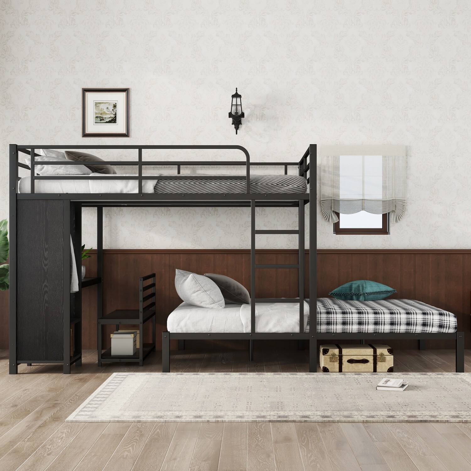 Queen Over Queen Metal Bunk Bed Frame with Wardrobe & Desk & Storage Chair Black