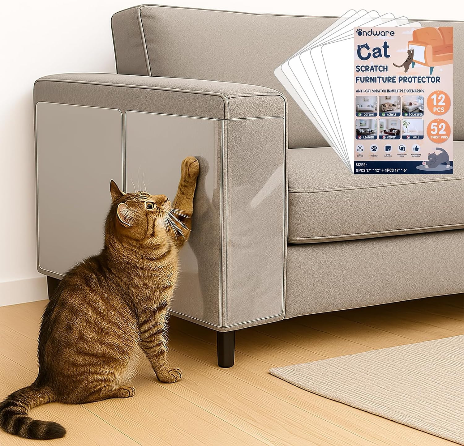 12 PCS Cat Scratch Furniture Protector Self Adhesive Couch Sofa Wall Guard Set