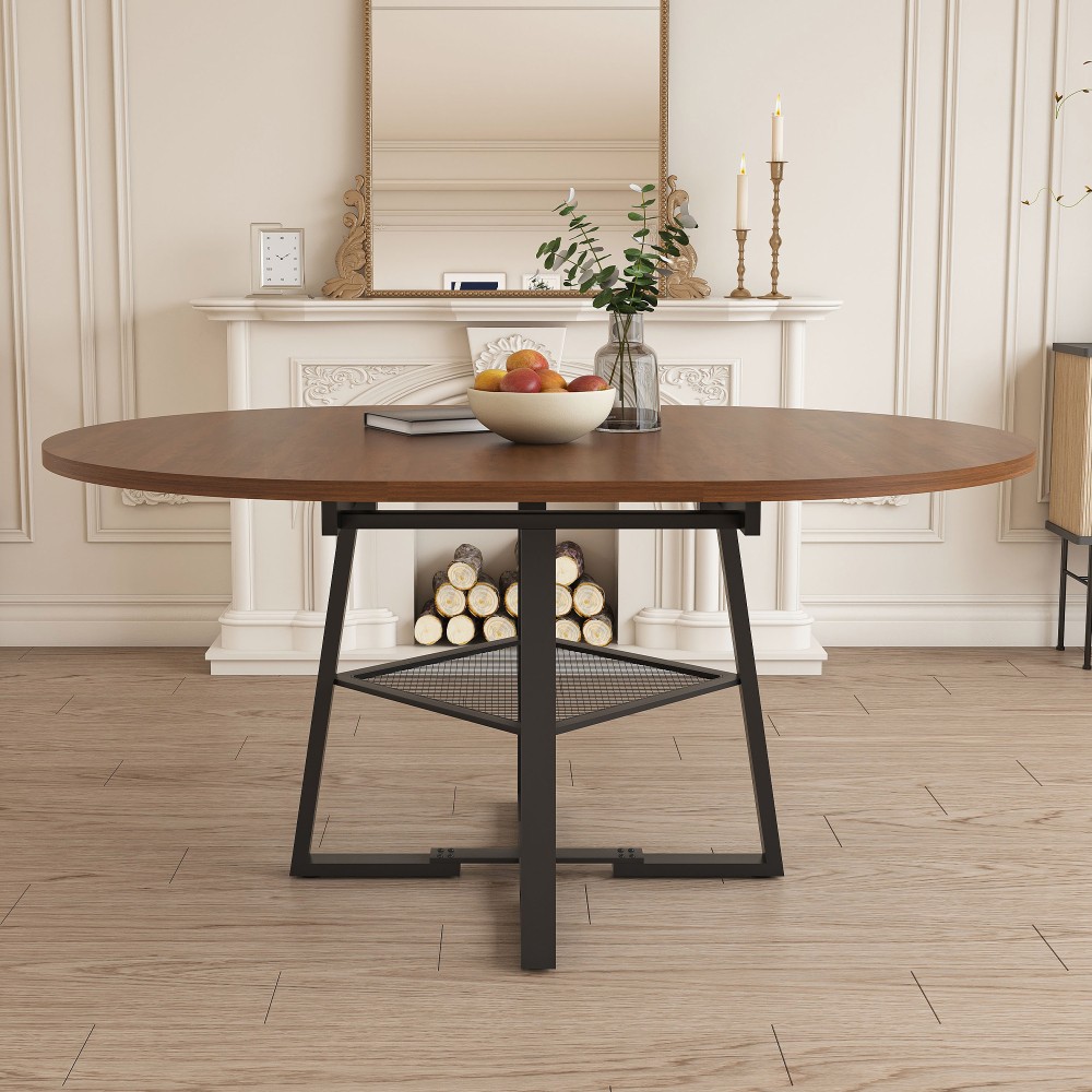 Round Dining Table with Storage Function Extendable with Metal Frame