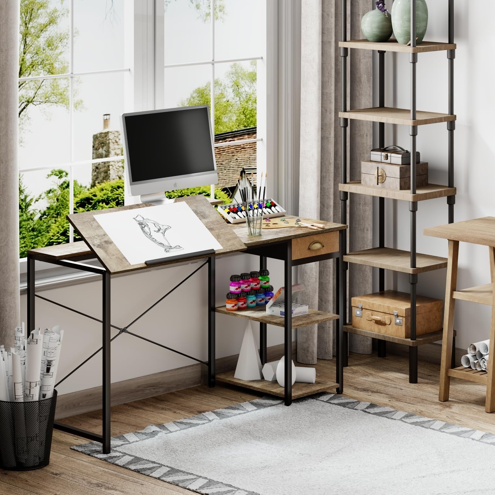 Drafting Table with Storage Shelves & Drawer, 43″ Adjustable Art Desk with Mo…