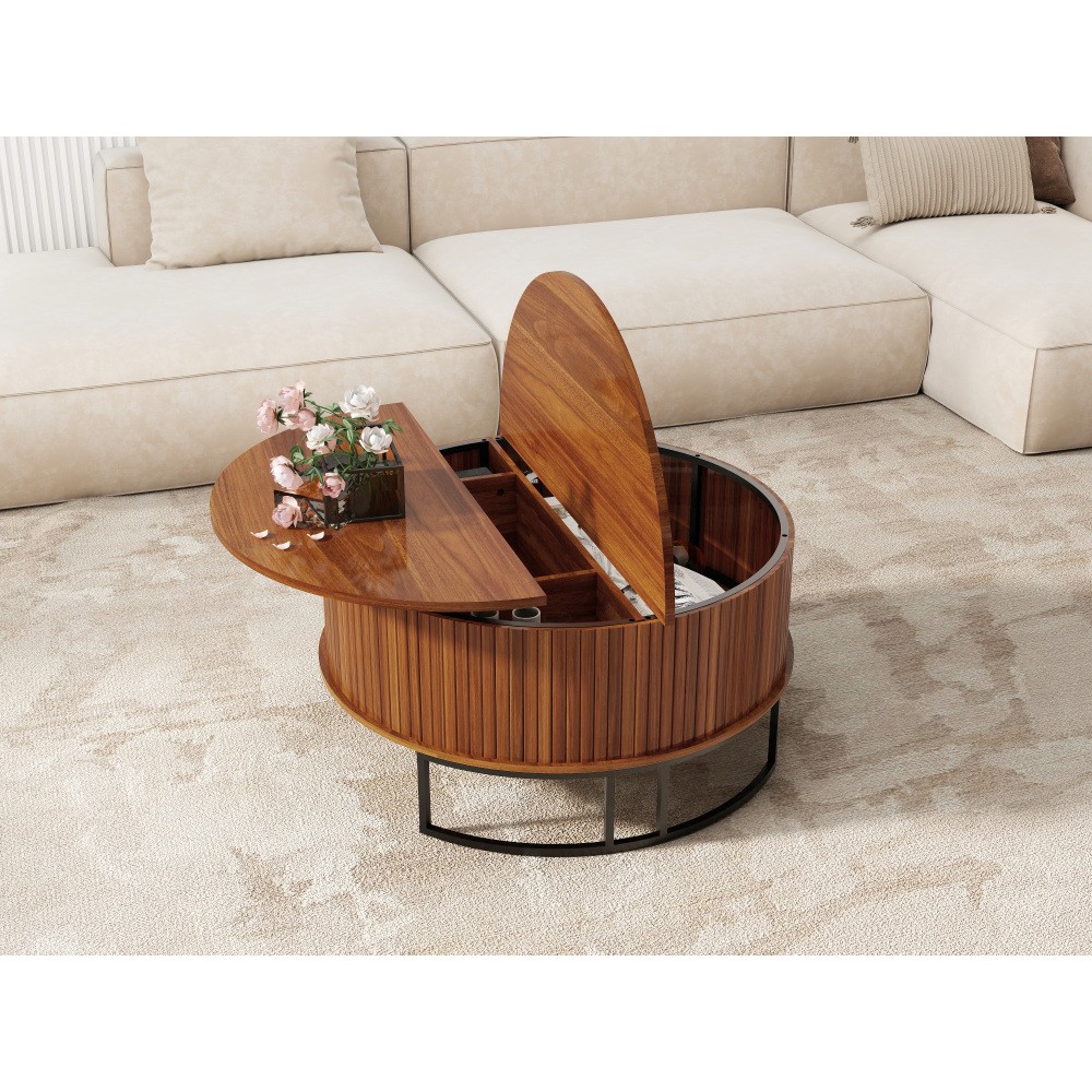 31.5″ Round Coffee Table with Storage Fluted Lift Top Center Table, Living Room